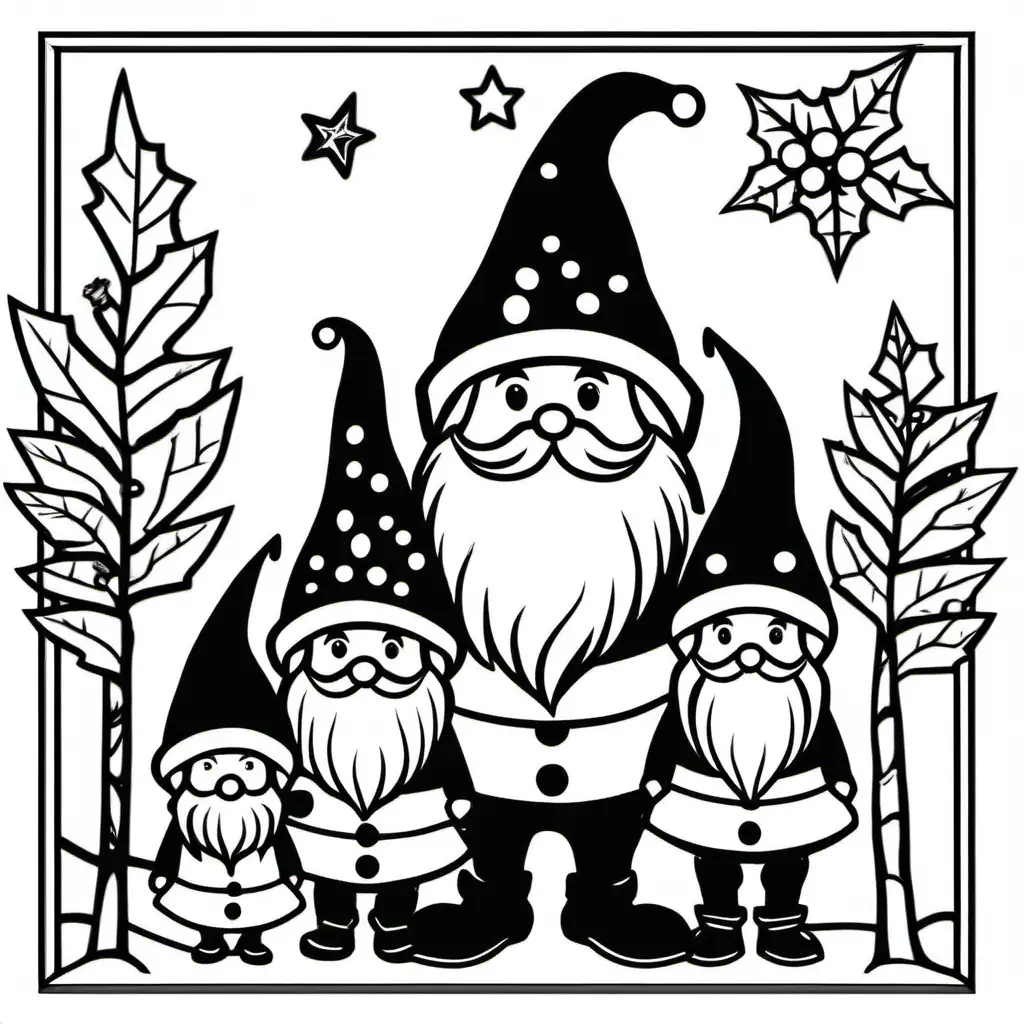Cheerful Christmas Gnome Family in Bold Black Outline