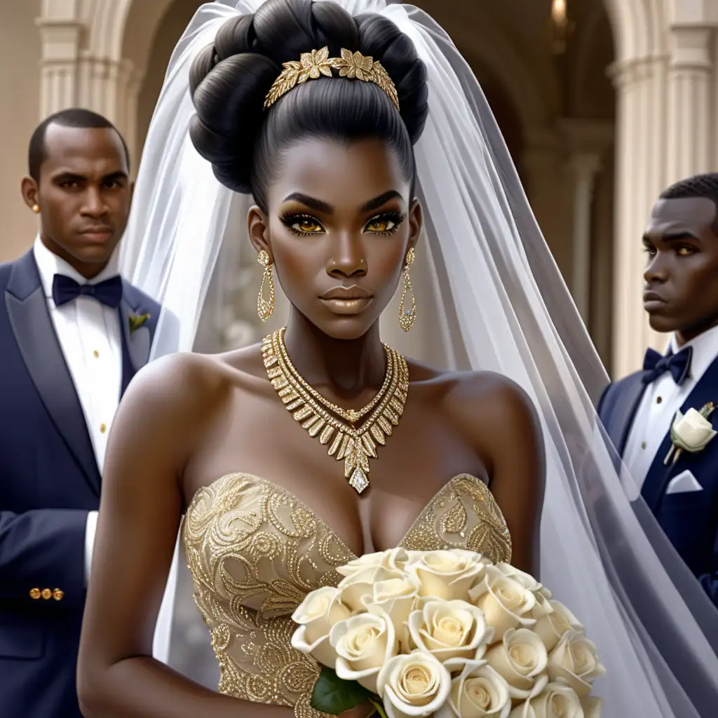 create a dark skin complexed African-American female with a pinned up hairstyle, a veil on, stud gold earrings, long lashes, short knee high navy blue wedding dress with a split up her thigh, gold accessories, matching gold necklace, holding white roses, white medium length nails, in white heels, light hazel eyes with people in the background of her wedding