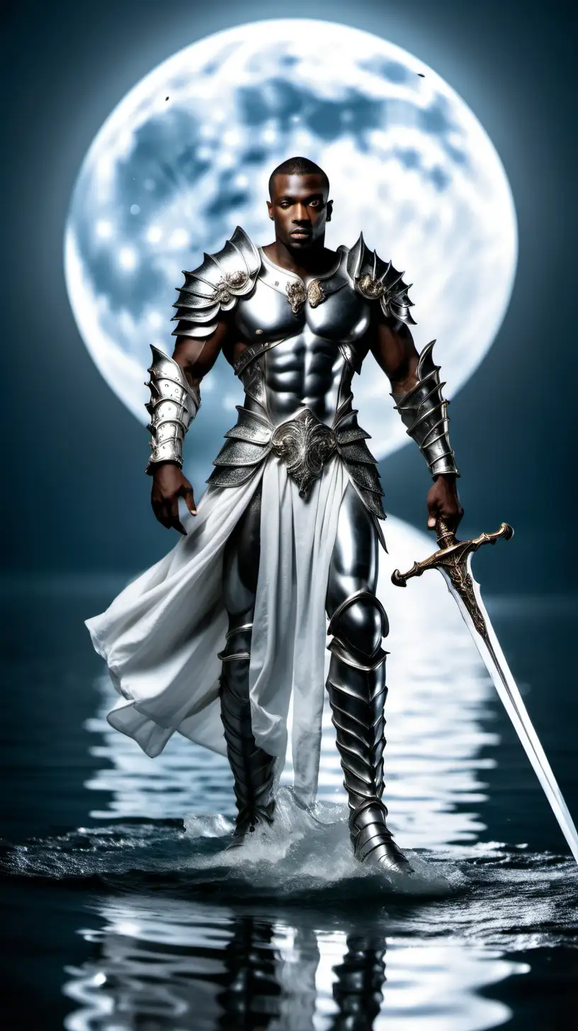black handsome man in white in silver armor walking on water with his great sword with giant full moon in the background