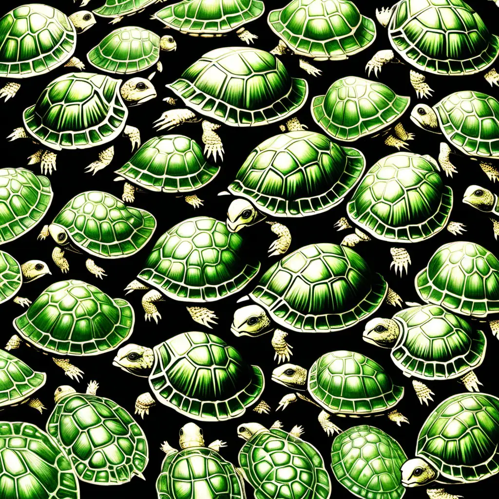 /imagine prompt HAND PRINTED, SHELL, REPTILLIAN, ALOT OF VERY  SMALL GREEN ORNATE BOX TURTLES, MOVING