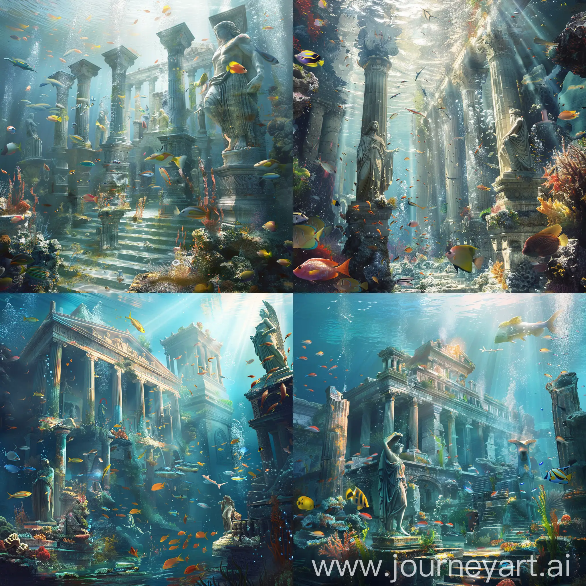 Discover Atlantis underwater, merging ancient Greek architecture with mythical statues, surrounded by colorful fish and a guardian sea creature. The light plays through the water, adding an ethereal touch. Aim for a style that combines realism with surrealism, focusing on texture and a dreamy palette.