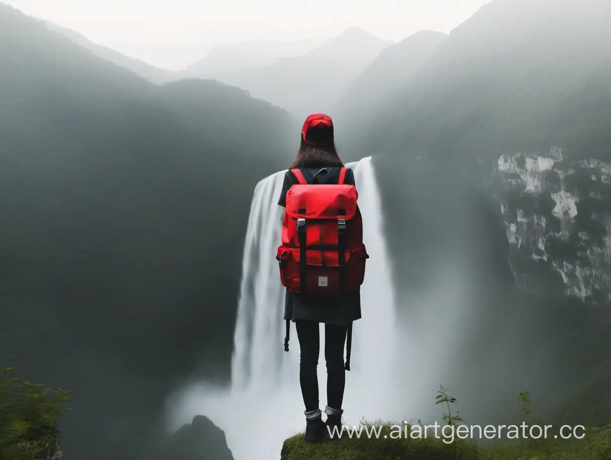 Minimalist-Girl-with-Red-Backpack-at-Mountain-Waterfall