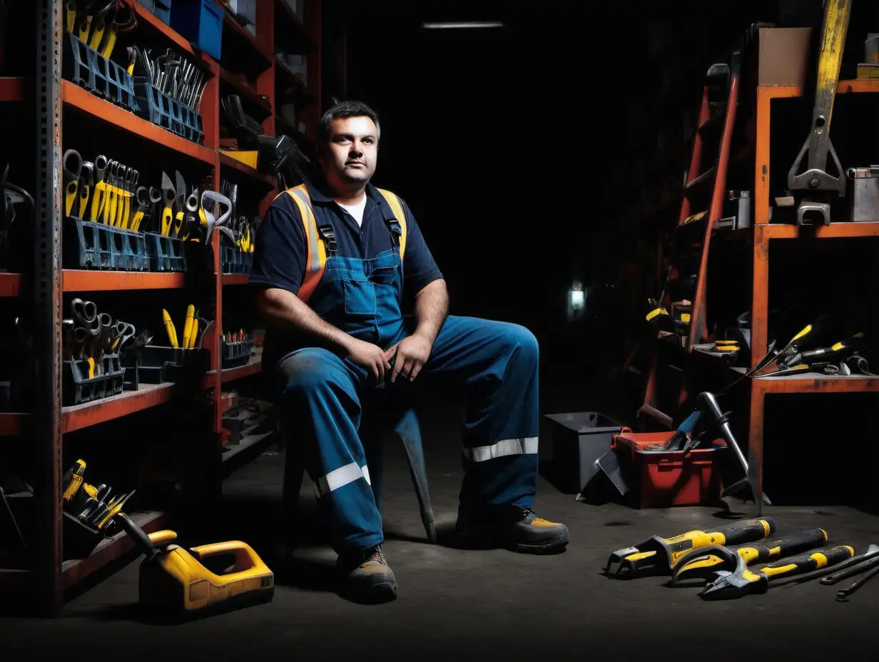 full body portrait of worker sitting on chair next to alot of tools in dark warehouse
