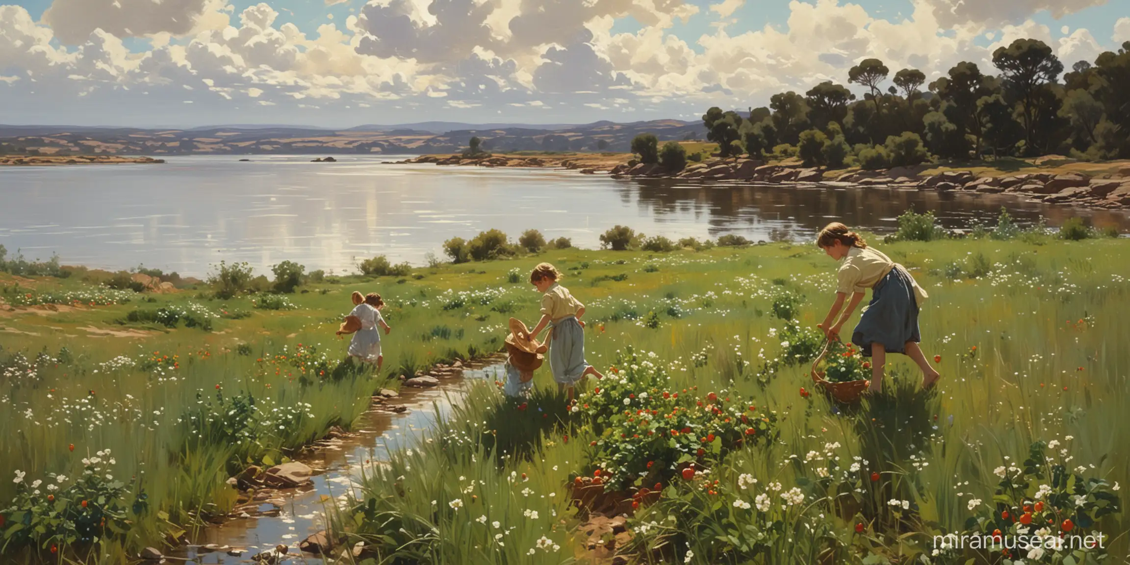 Children Searching for Strawberries in Sunlit Field by the River