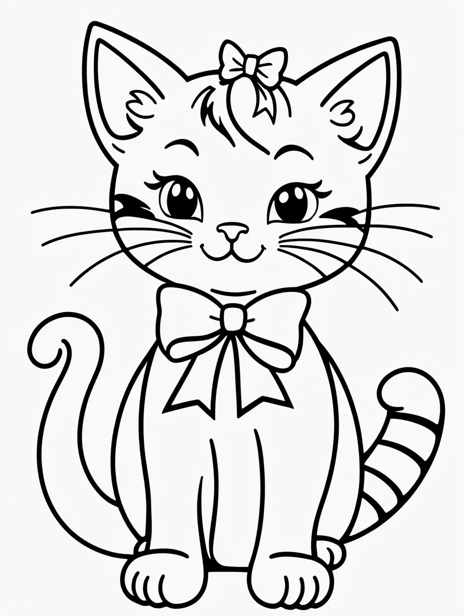 Cute Coloring Page Smiling Kitten with Bow for Brave Toddlers