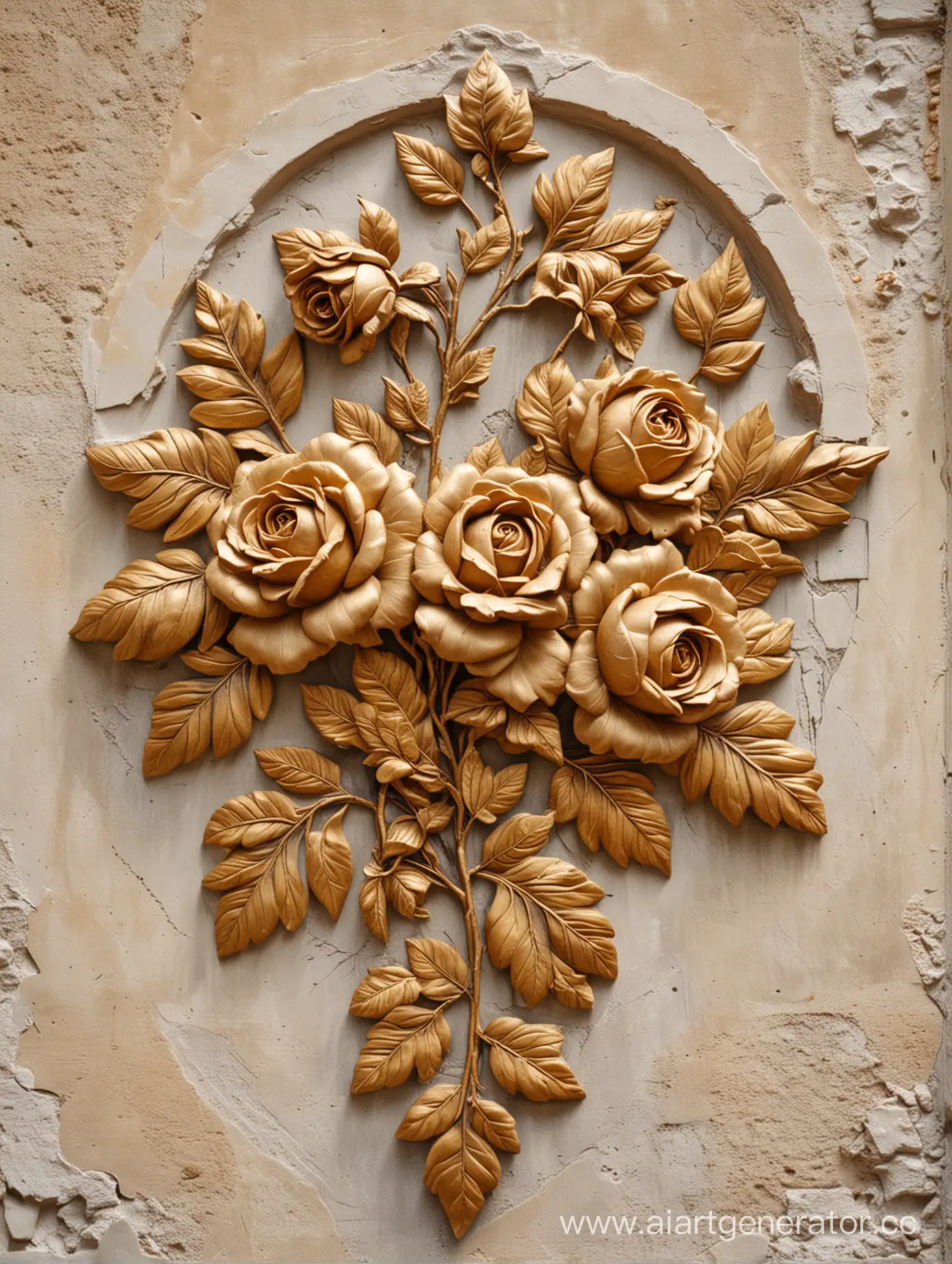 Intricate-BasRelief-Sculpture-of-Oversized-Roses-and-Gilded-Foliage-on-Weathered-Plaster