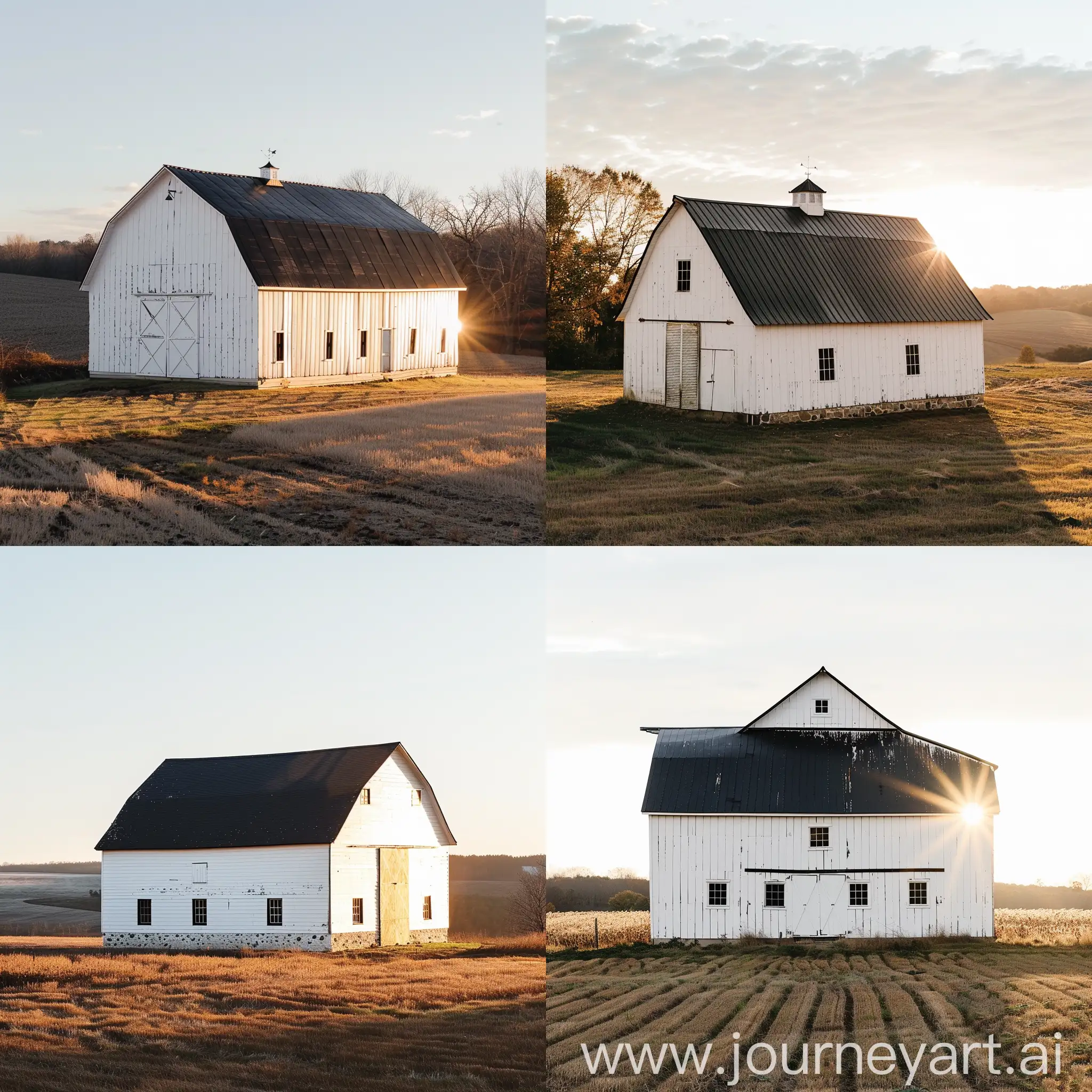 White barn with black roof in middle of field sunlight on front