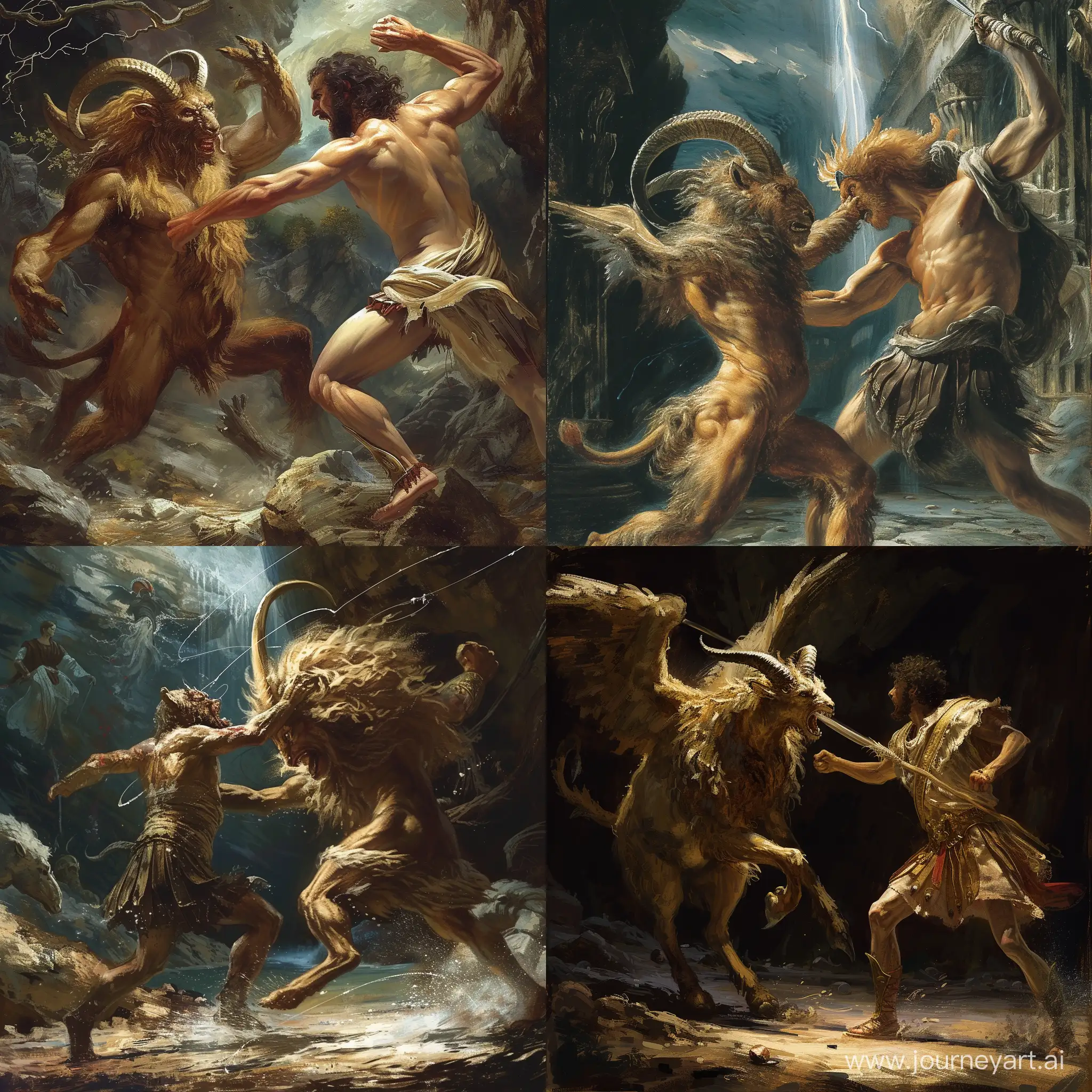 a mythological creature that is a hybrid of a goat and a lion that is fighting apollo the Olympian deity, the fight is taking place in a rather dark place