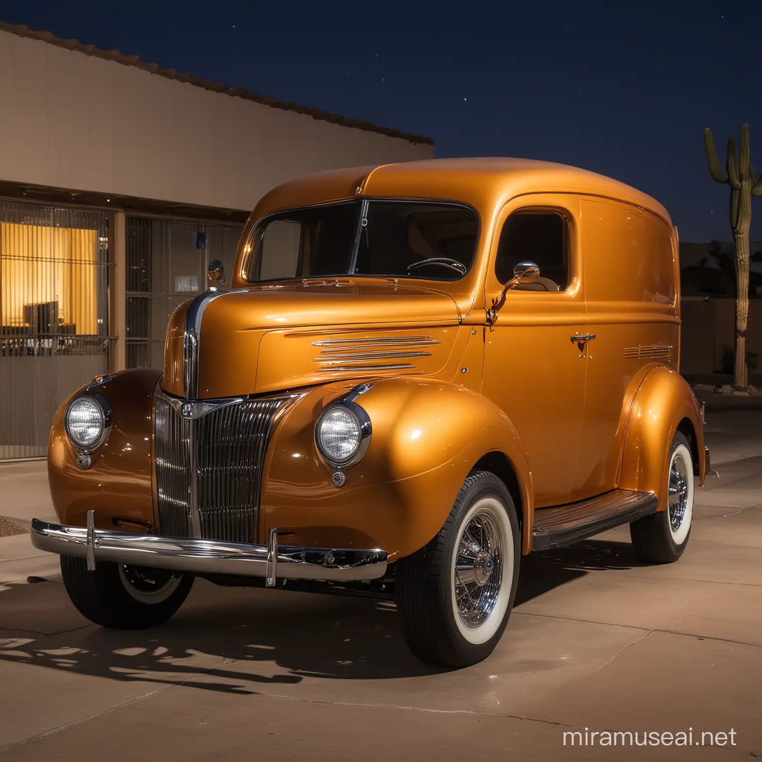 Camioneta Ford Panel 1941, hot rod sport street, cauchos anchos rines Cragar, color ambar metálico, estacionada en una calle de Phoenix Arizona, a l9 de la noche, las luces blancas de los postes inciden sobre la camioneta que luce bellisima.