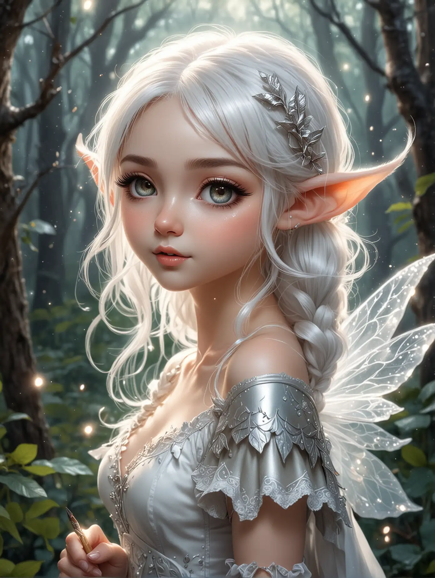 pencil drawn illustration Realistic portrait illustration of a beautiful elf fairy chibi girl, she has white hair, fantasy outfit, big pointy ears, shimmering make up, she's in the magical forest, the background is white with sparks