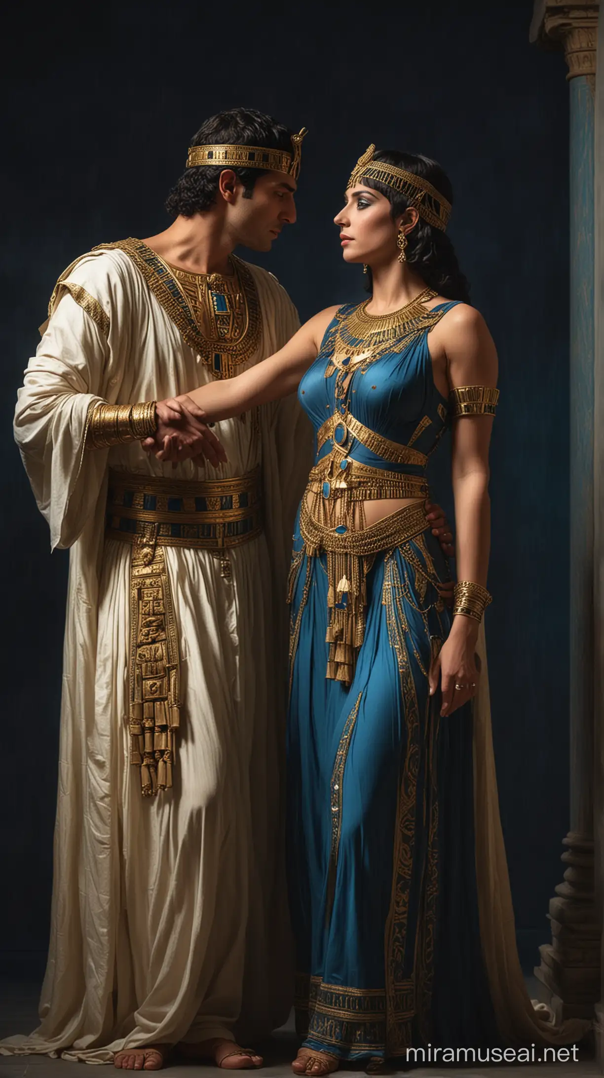 A (((dramatic scene))) where Cleopatra, dressed in luxurious, period garb, is engaged in a passionate embrace with two suave gentlemen, set against a (softly glowing, midnight blue backdrop)