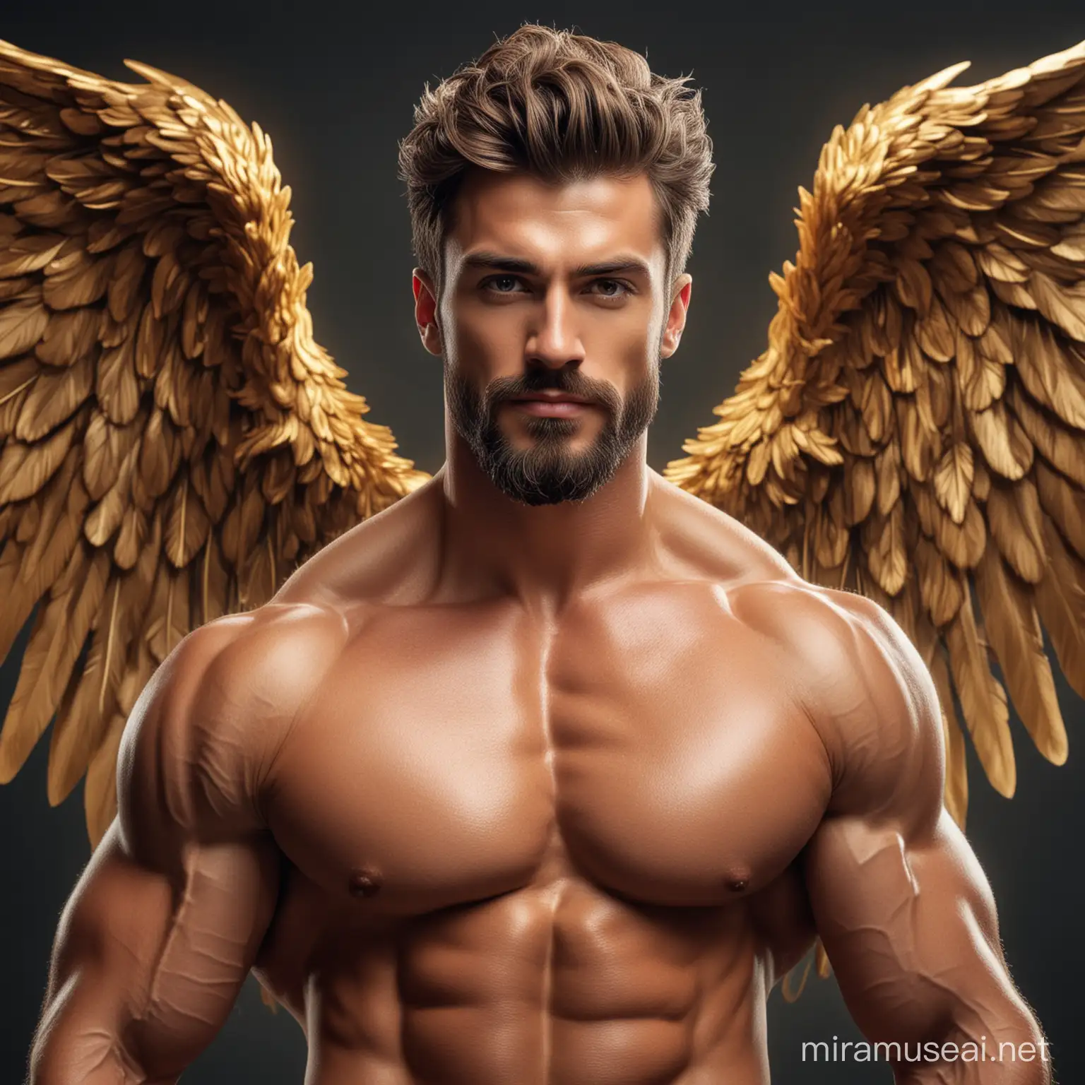 Tall and handsome bodybuilder men with beautiful hairstyle and beard with attractive eyes and Big wide shoulder and chest with giant golden wings flying in the air