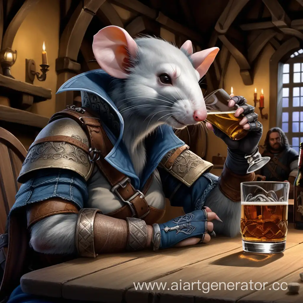 крысолюд-женщина ассасин выпивает в таверне вместе с бардом