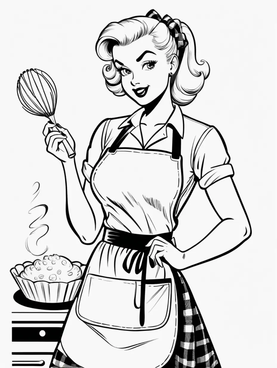 cartoon cute sexy blonde pinup wearing an apron and dress baking black and white image with white background