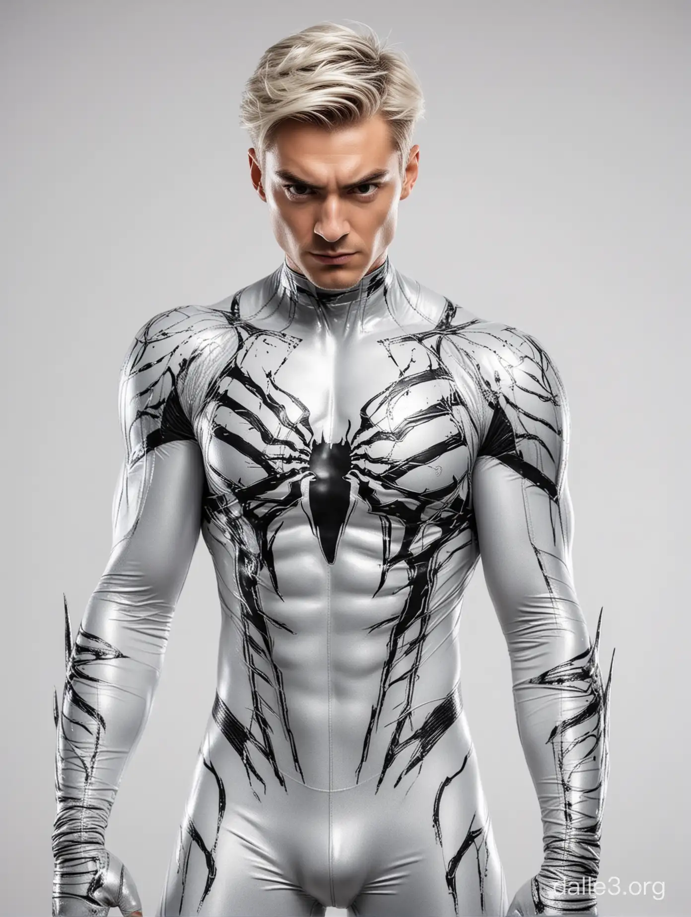 a man, attractive evil villain with messy short hair use glossy bright silver metallic colored glossy venom suit and big white spider venom logo on his chest, skinnier body six pack abs, squat pose, showing full body, showing thighs, showing astride, smirk expression, long sharp nails claws, happily become evil villain, looks cruel and menace, white background, realistic style