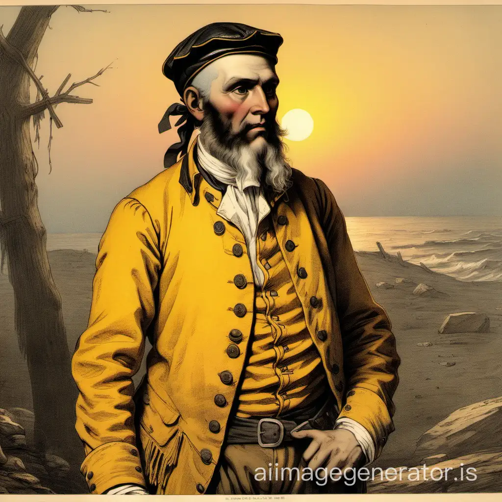 1815 sunset medium size sturdy robust in the prime of life leather visor cap shirt of coarse yellow canvas old blouse fringed in tatters shaved head and long beard