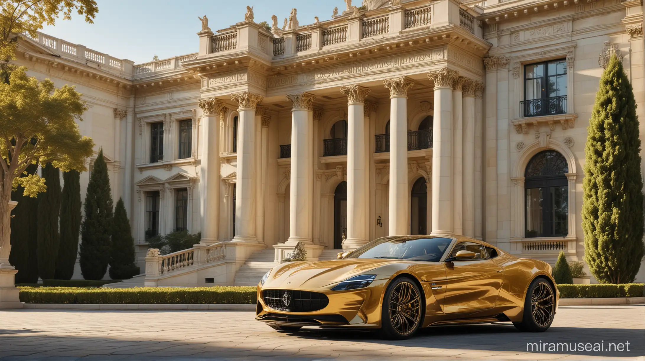 creat image that depicts a luxurious scene where a modern, gold-colored sports car is parked in front of an opulent mansion. The mansion is characterized by its classical architecture, featuring tall columns, elaborate moldings, and statues reminiscent of Greco-Roman art. The building itself has multiple levels, with balconies and large windows that suggest a grand interior space. The vehicle is sleek with an aerodynamic design, indicating it is likely a high-performance car.

The setting appears to be during the day with sunlight casting soft shadows on the ground, enhancing the reflective surfaces of both the car and the polished floor on which it stands. There are trees and a clear blue sky in the background, which contribute to the serene and exclusive atmosphere of the image.

To create a similar image, the following prompts could be used:

"Create a 3D rendering of a luxury sports car in a golden hue, reflecting the sunlight, parked on a glossy marble driveway in front of a grand neoclassical mansion with columns, statues, and lush greenery in the background, bathed in warm sunlight."

"Design an ultra-modern sports car with a metallic gold finish. Place it in front of a two-story mansion with classic architectural details like Corinthian columns, ornamental balustrades, and sculpted statues, under a clear blue sky."

"Generate an image of an extravagant scene with a shiny gold sports car in the foreground and an imposing mansion with classical features, including tall white columns and decorative sculptures, set against a backdrop of a sunny day with a few trees."

The description should capture the essence of luxury, modernity, and classical beauty that is evident in the image.

