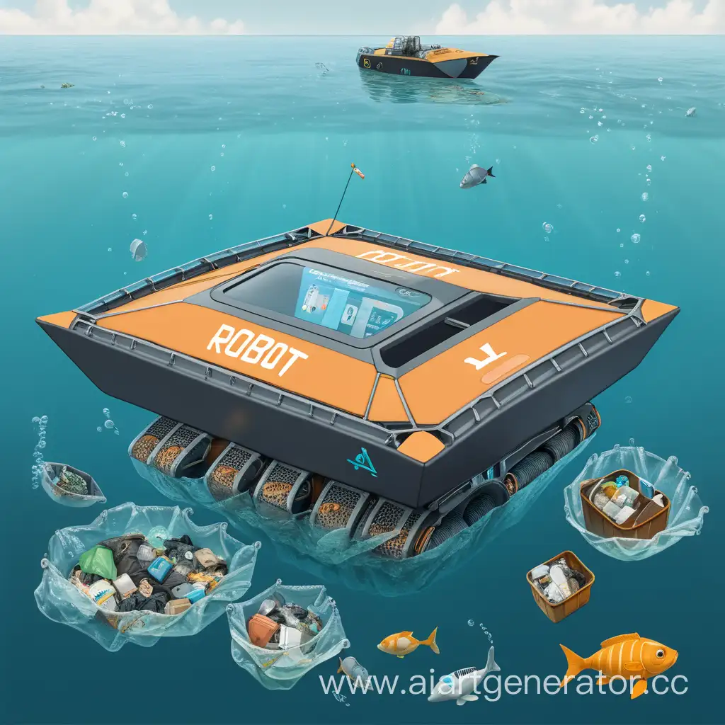 робот лодка, плавающая по морю и собирающая мусор со дна и поверхности