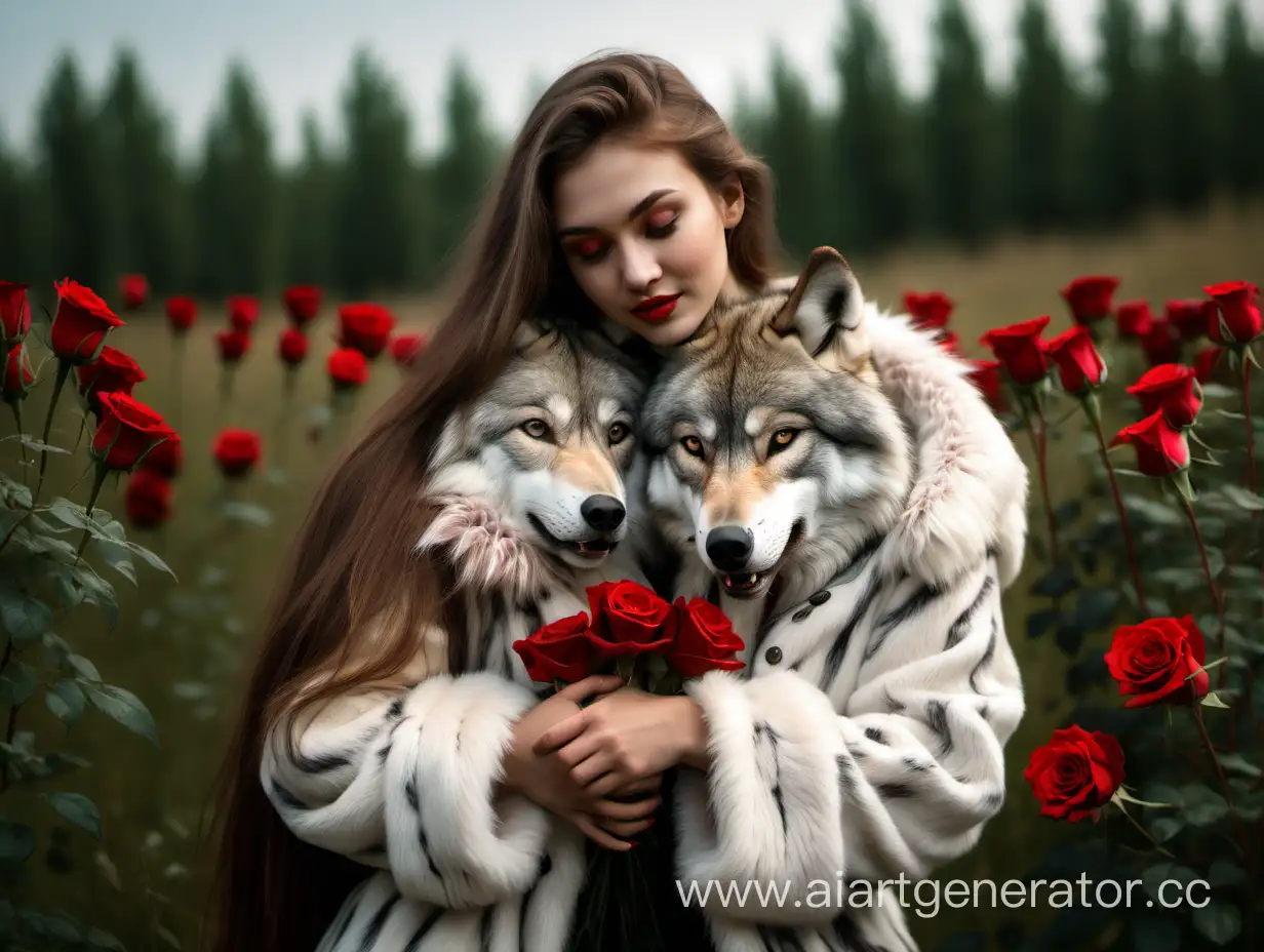 Girl-in-Fur-Jacket-Hugging-Wolf-in-Meadow-of-Red-Roses