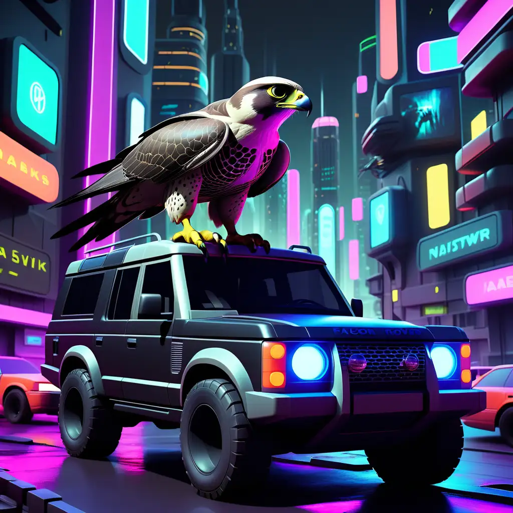 At night, Falcon or Havic sitting on a dark 'land rover' in the middle of a futuristic city, neon light, heavy traffic