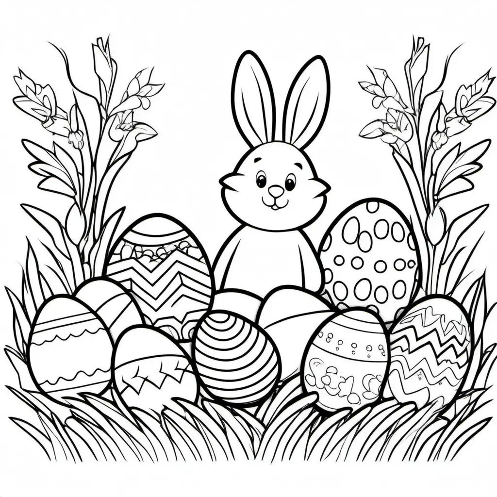 easter, Coloring Page, black and white, line art, white background, Simplicity, Ample White Space. The background of the coloring page is plain white to make it easy for young children to color within the lines. The outlines of all the subjects are easy to distinguish, making it simple for kids to color without too much difficulty