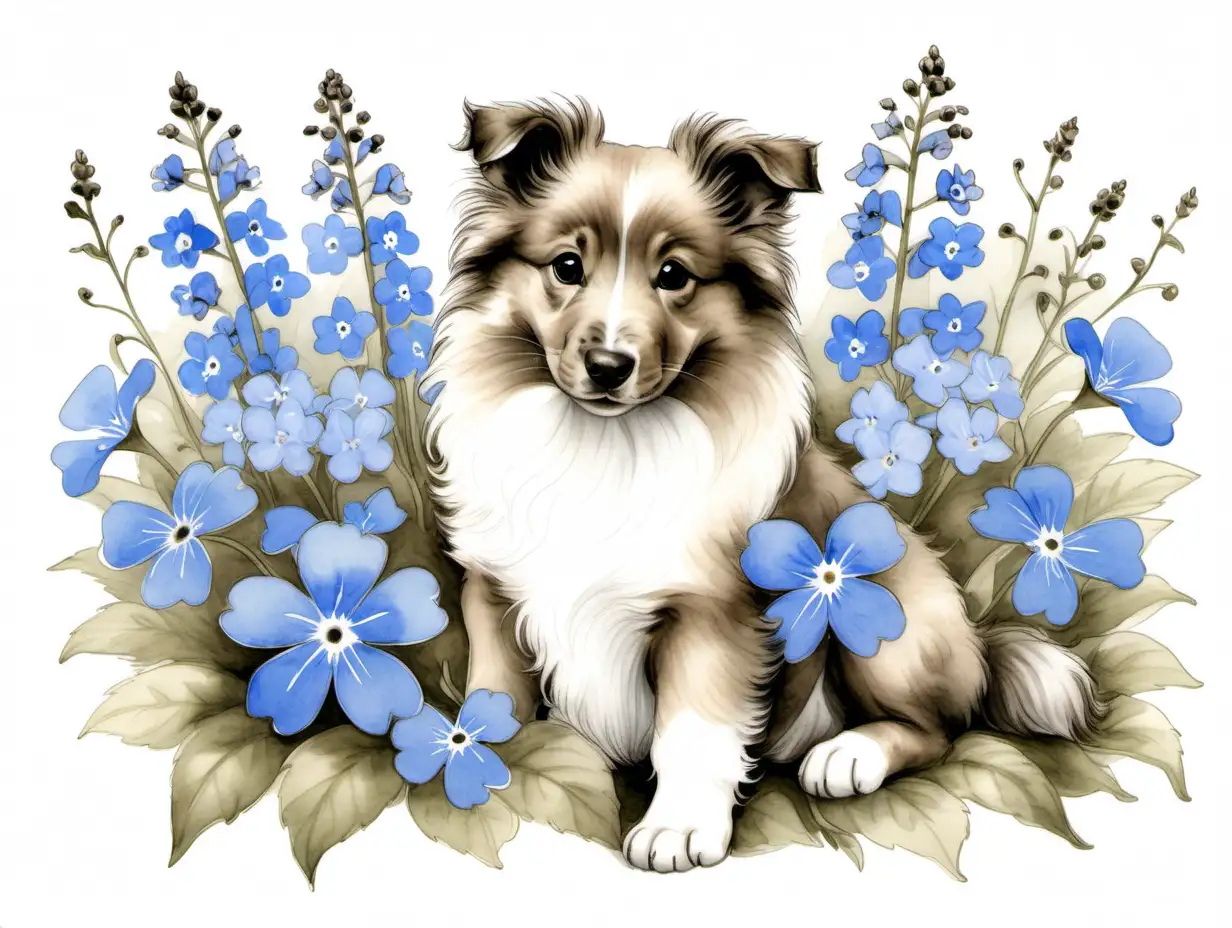 Design an Ink Wash vintage piece of heartwarming art featuring the cutest Shetland Sheepdog puppy surrounded by a bouquet of forget me nots . Capture the essence of the bond between pitbulls and nature, creating a piece that resonates with pitbull lovers who appreciate the beauty of both their beloved pets, and blooming flowers
