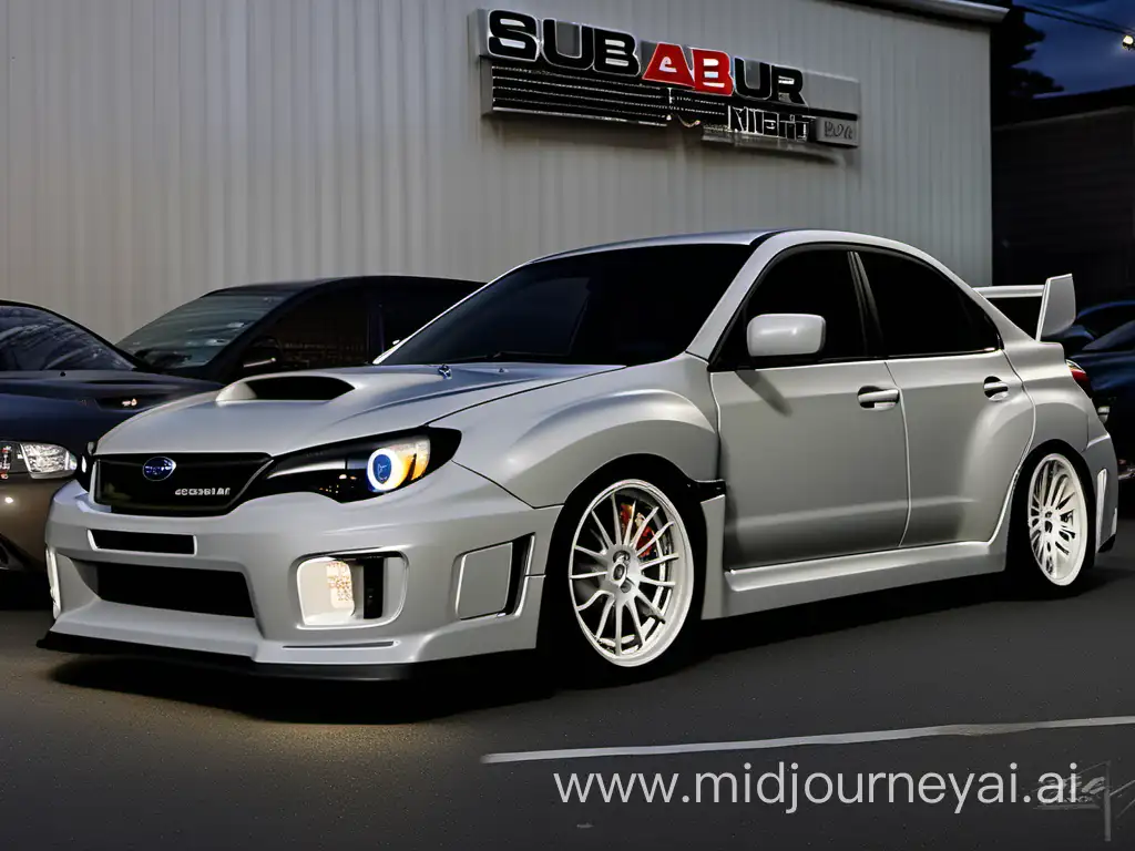 hyper realistic, 8k hd, 2012 subaru impreza wrx, with a tanish whitish paint job
, white rims with spikes for spokes, racing tires, tented windows, wide body kit sitting in front of subaru dealership late night under one street light