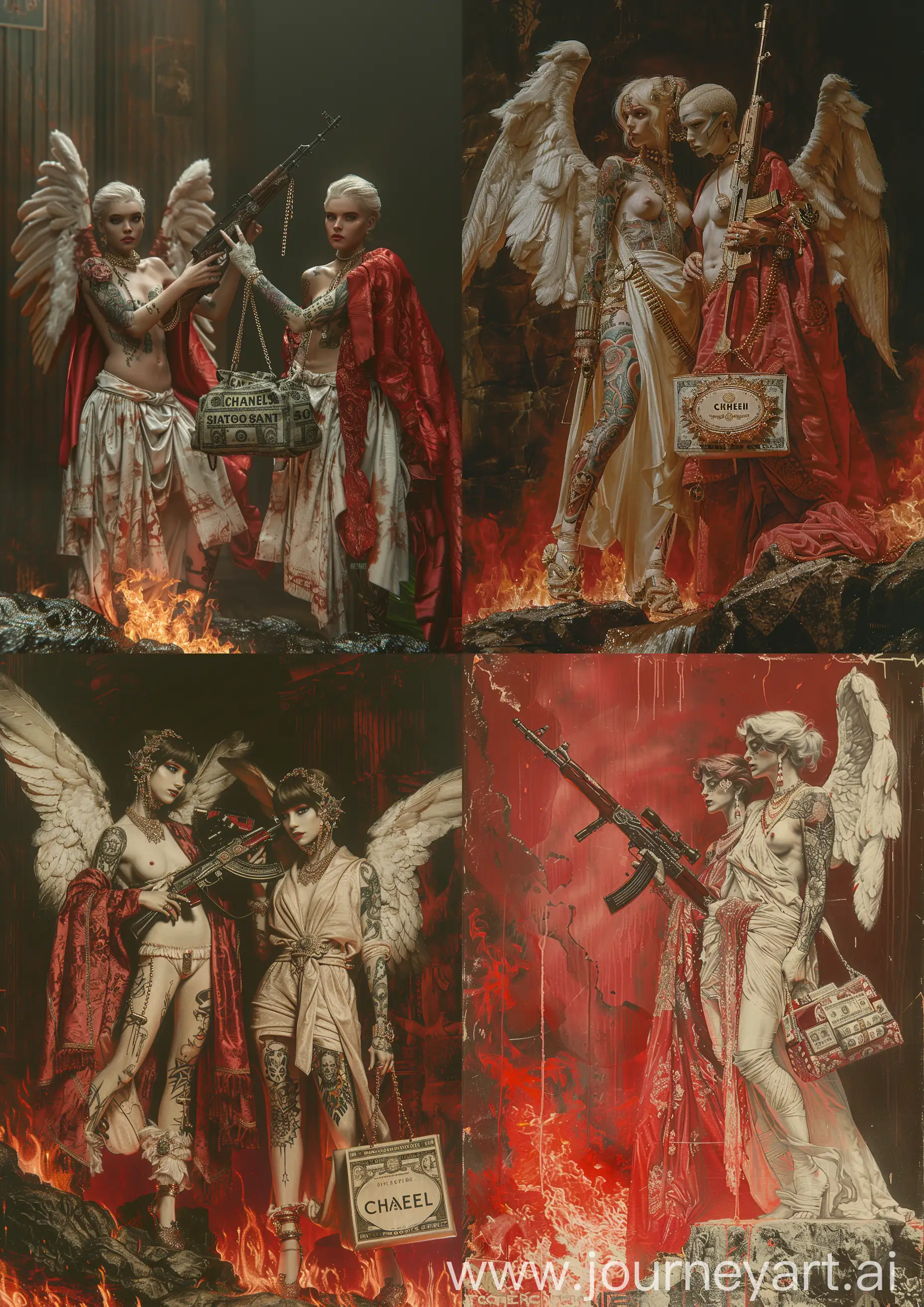 Edward Burne-Jones painting of 2 tattooed female angel warrior wearing futuristic aesthetic sci-fi white clothes ornate in red silk and robes, holding a realistic kalashnikov and a CHANEL bag full of money, standing on a rock that burn on fire, red tones, high detailed, full body —c 22 —s 750 —v 6.0 —ar 5:7