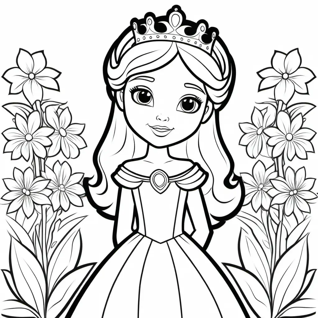 extremely simple. coloring pages for kids. young princess in front of flowers , no background, thick black lines, no shading--9:16--vr5