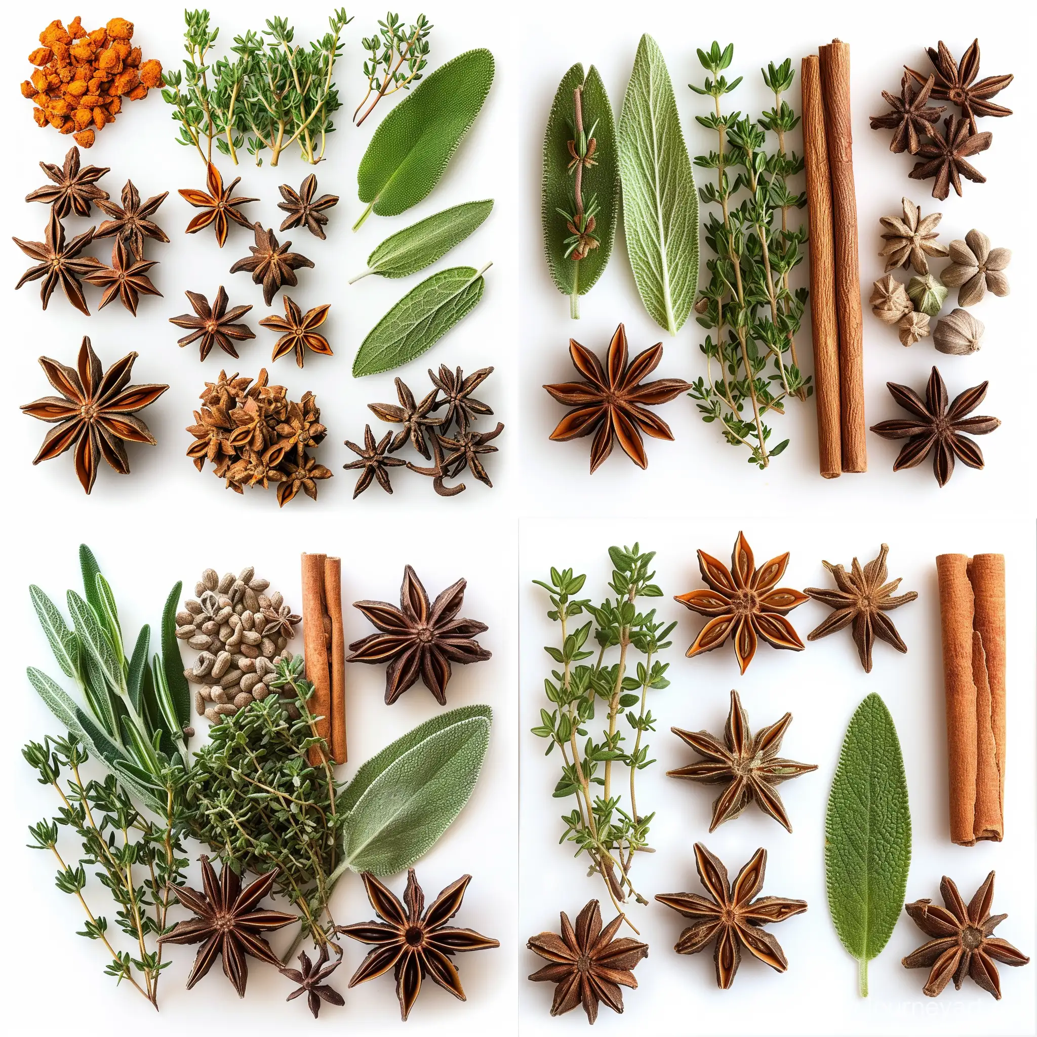 Star anise, moringa, cinamon, thyme, rosemary, sage high quality real looking pic