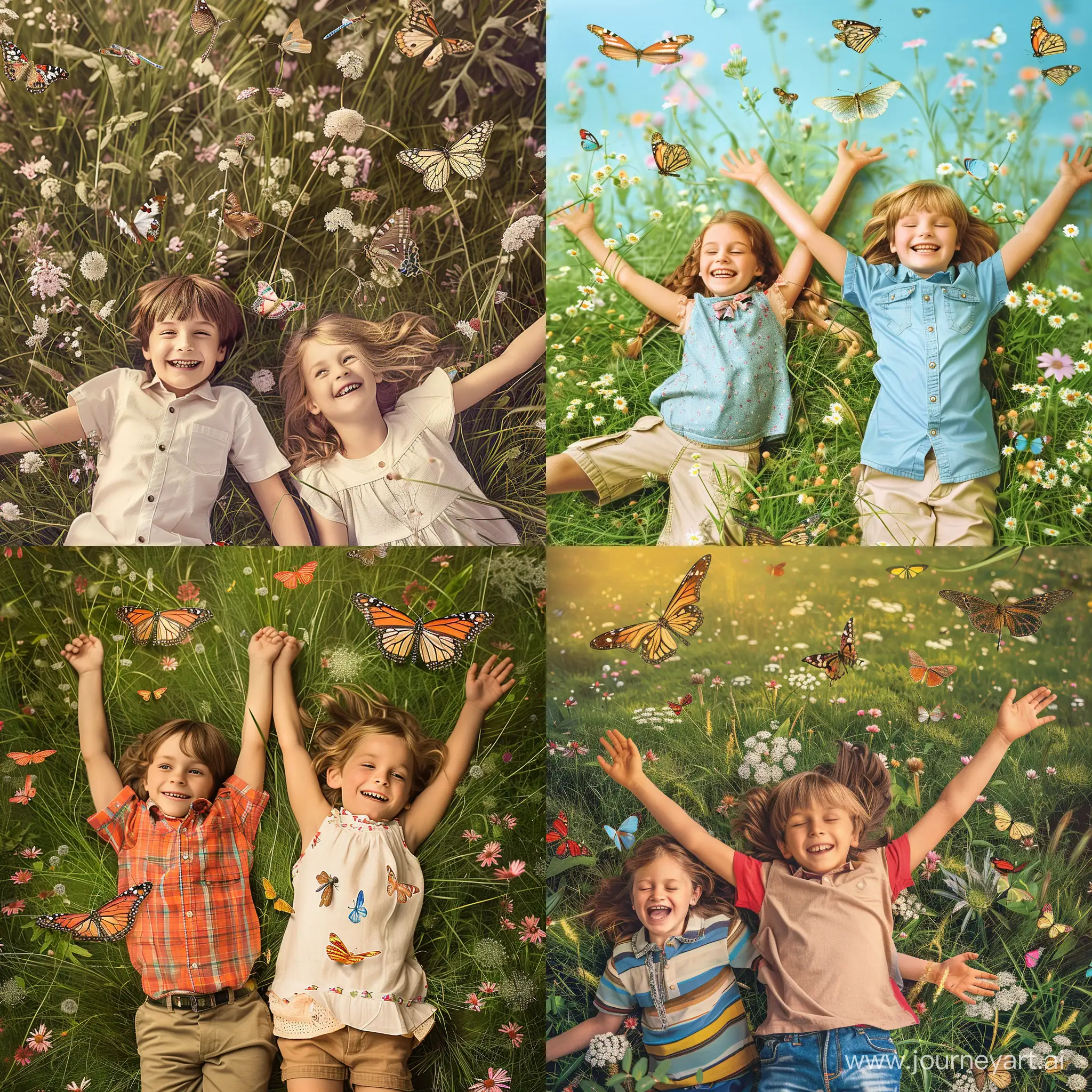 Радостные, смеющиеся мальчик и девочка, лежат, раскинув руки в стороны, в траве на цветущем летнем лугу, вокруг летают бабочки и стрекозы, фотография, гиперреализм, высокое разрешение