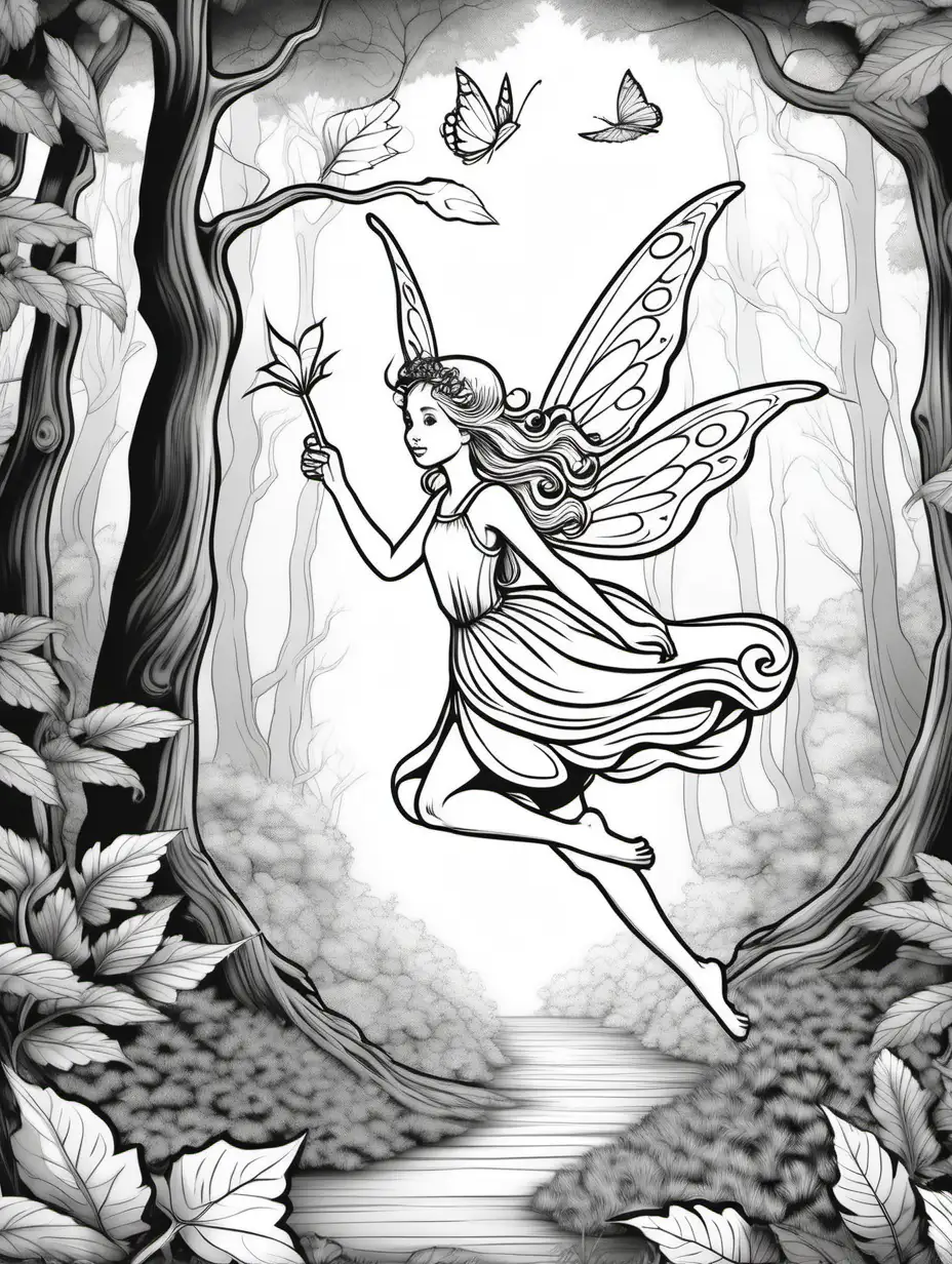 fairy flying in forest, outline only for coloring book, black and white, no greyscale