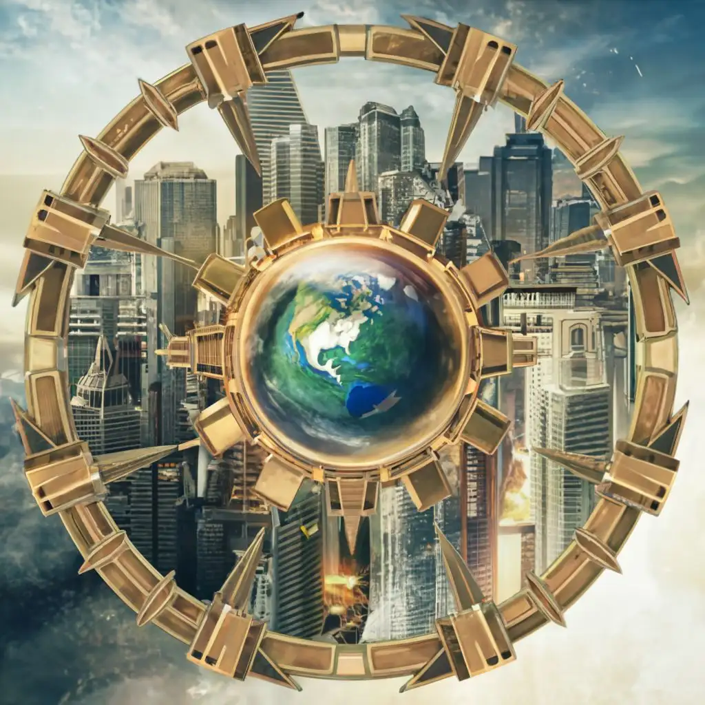 logo, a futuristic cityscape as the background and a circular logo featuring eight golden arrows pointing outward in 45 degree increments, with a glass dome at the center of the logo with earth rotating inside of it, with the text 'WORLD OF HAVOC' in bold font outside of the logo, typography, be used in Entertainment industry