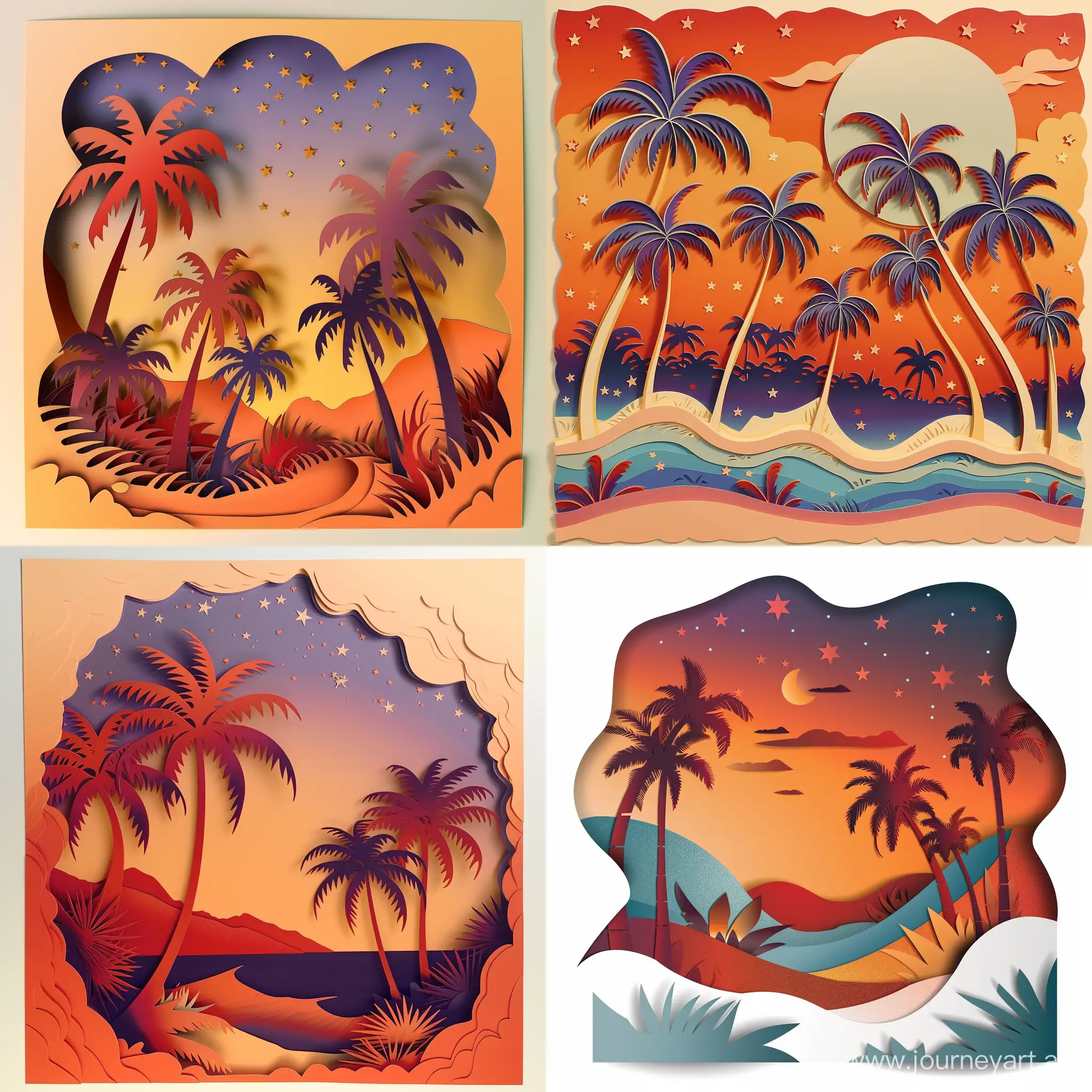 cut paper art of a tropical scene with palm trees and some stars in the sky, in the style of romantic moonlit seascapes, light orange and dark magenta, light sky-blue and dark white, light red and dark purple, vibrant color schemes, pictorial, fine details, high quality details, in vector style --v 6 --ar 1:1 --no 88261