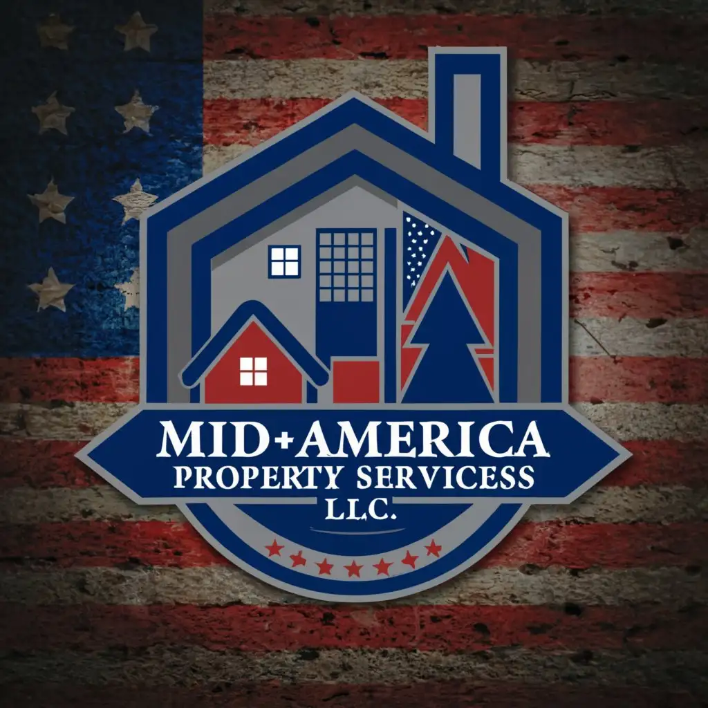a logo design, with the text MID-AMERICA PROPERTY SERVICES L.L.C., main symbol: Red and Blue with White Primary Colors, Stylized Patriotic simple Gabled House with Windows and Defined Shield, No Background: Supplemental Imagery: Basic Home Construction Hand Tools and Worker Figures centered around a bold, clean, Moderate, used in Roof Construction industry