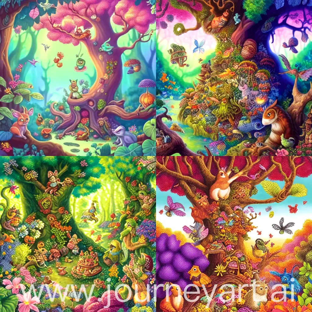Animals gathered in an oak tree ((focus)); woodland animal fairy tale style design; dialogue with snails, lizards, and frogs; charming, friendly, whimsical characters on a vibrant, colorful background; captures young readers' attention and sparks their imaginations.