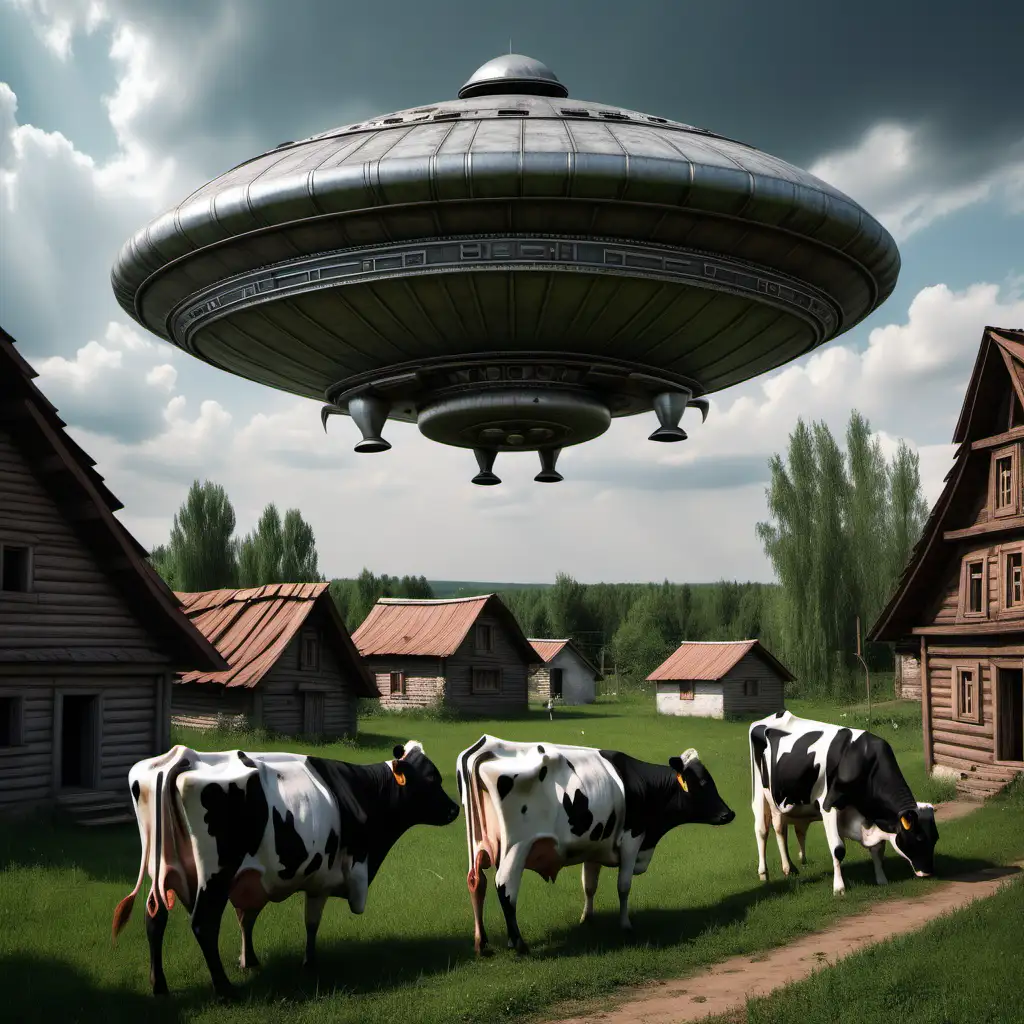An alien ship is observed by cows in a Soviet medieval village.