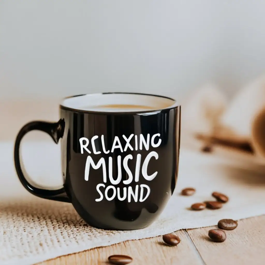 logo, Coffee mug, music score, with the text "Relaxing Music Sound", typography