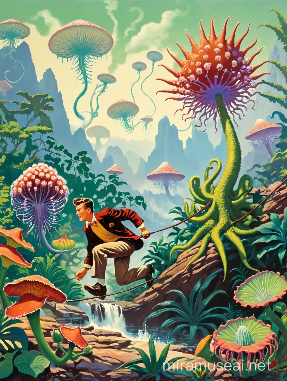 Jumping from rock to rock, a stylishly dressed teenager is trying to keep up with his dog who has a sneaky enjoyable look on his face as his master struggles with the leash. They are running toward us and a little to the left. Hans Haeckel landscape jungle rain carnivor plants racines flowers. Paint them in the flat colorful style of Gil Elvgren and other colorful pinup artists of the 1950s. Deadly Alien flowers are in the foreground that have interesting details and colors. Poisonous Fractals,  radiolaria, and diatom trees can also be seen. 
