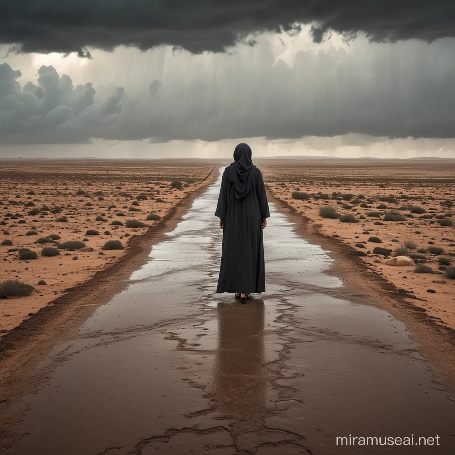 Contemplative Arab Woman at Crossroads Amid Stormy Weather