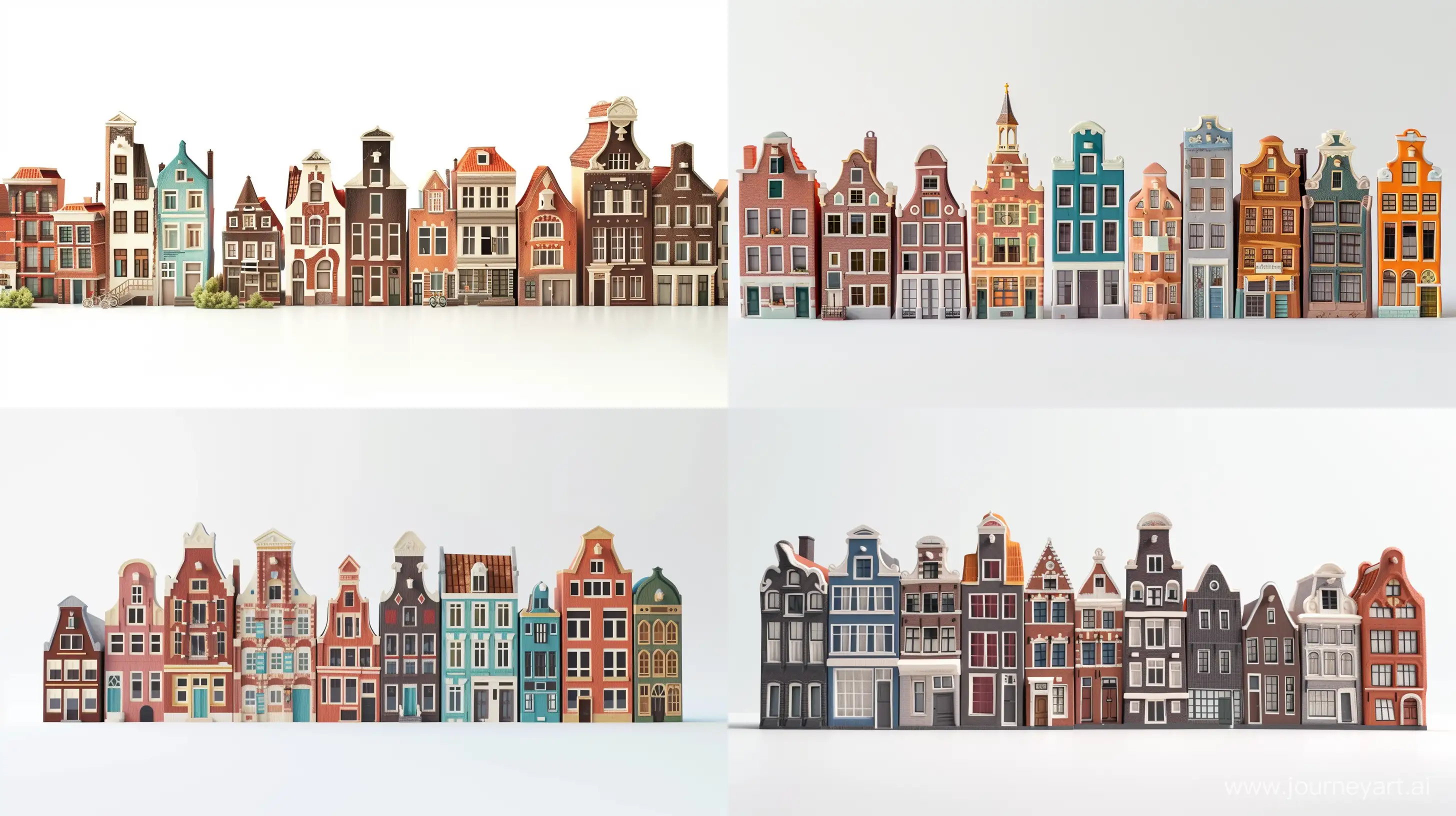 3D whimsical Amsterdam houses and features in a row on a white background no noise in johanna basford style --v 6.0 --ar 16:9