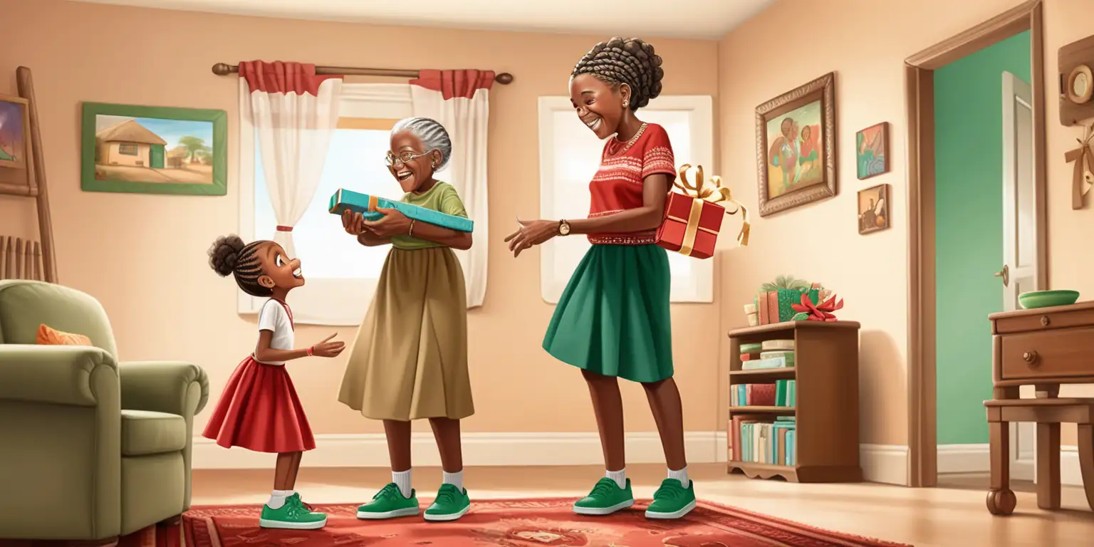children's art illustration, full figure 10 year old african brown girl character inside her african home with her grandmother, cornrow hairstyle, wearing a red skirt and khaki shirt and green shoes, receiving a present from grandmother, in the house, cute poses, excited expressions, full colour, side view, back view, front view, no outline