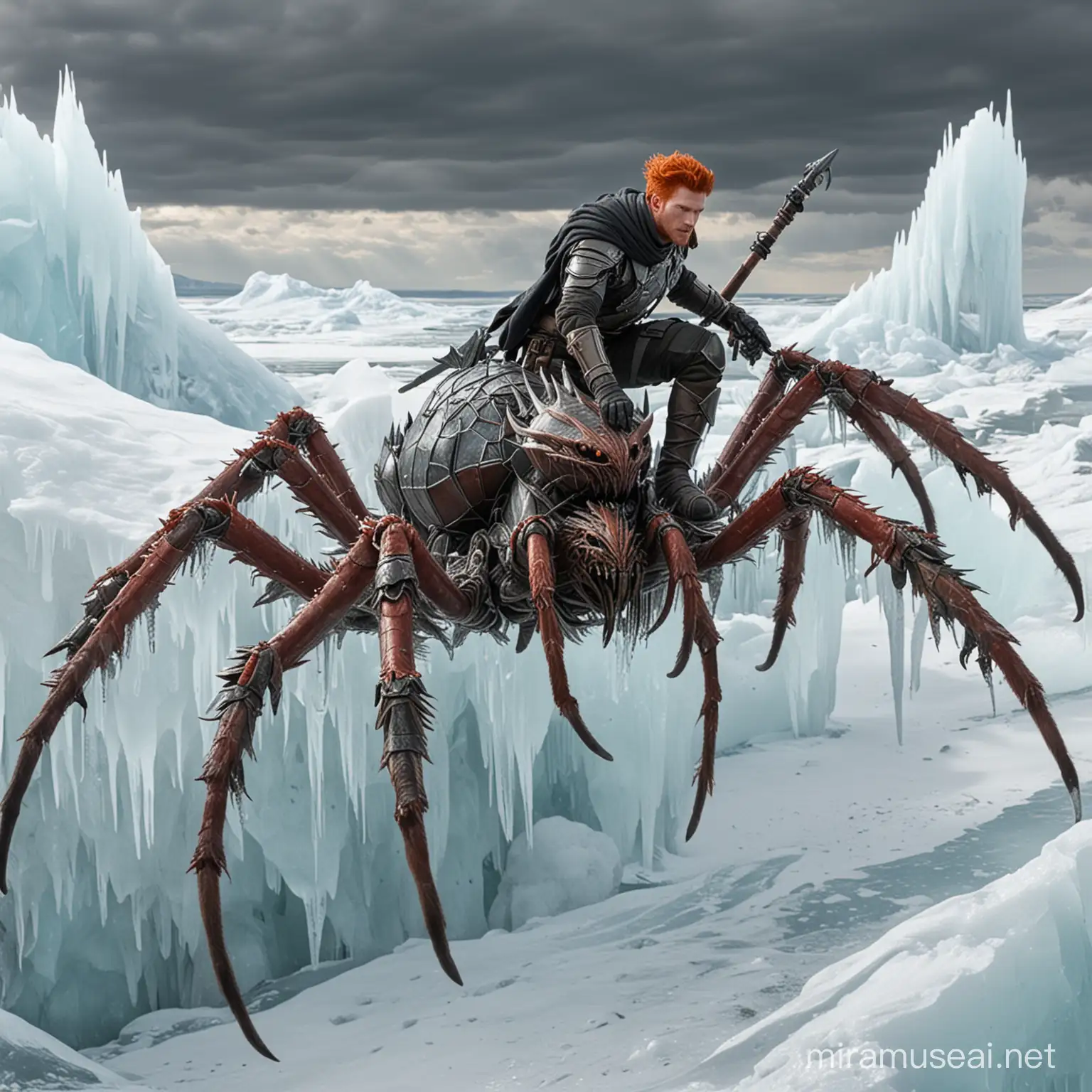 Рыжеволосый  мужчина, в доспехах, верхом на огромном ледяном пауке