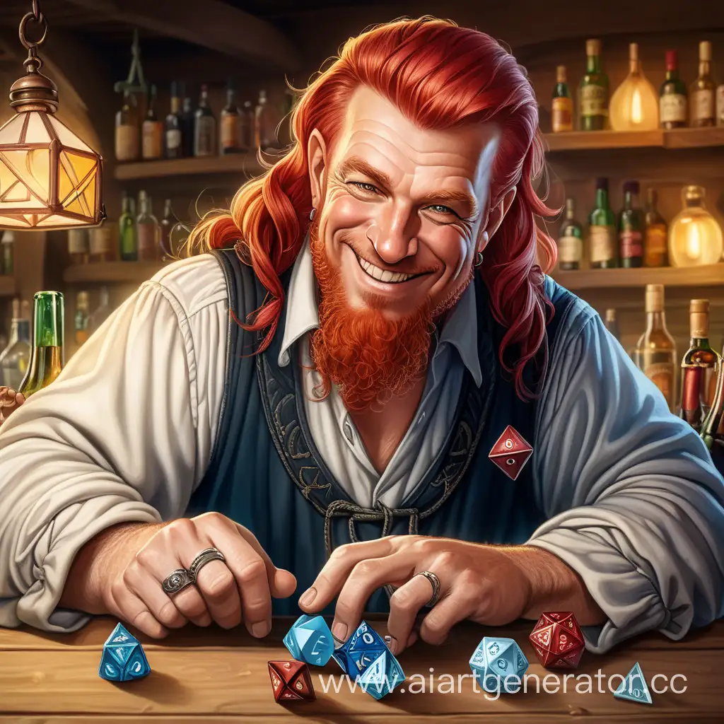 трактирщик за барной стойкой мужчина среднего возраста рыжий улыбающийся с добрым лицом с двадцатигранным кубиком вместо головы в стиле фентези 