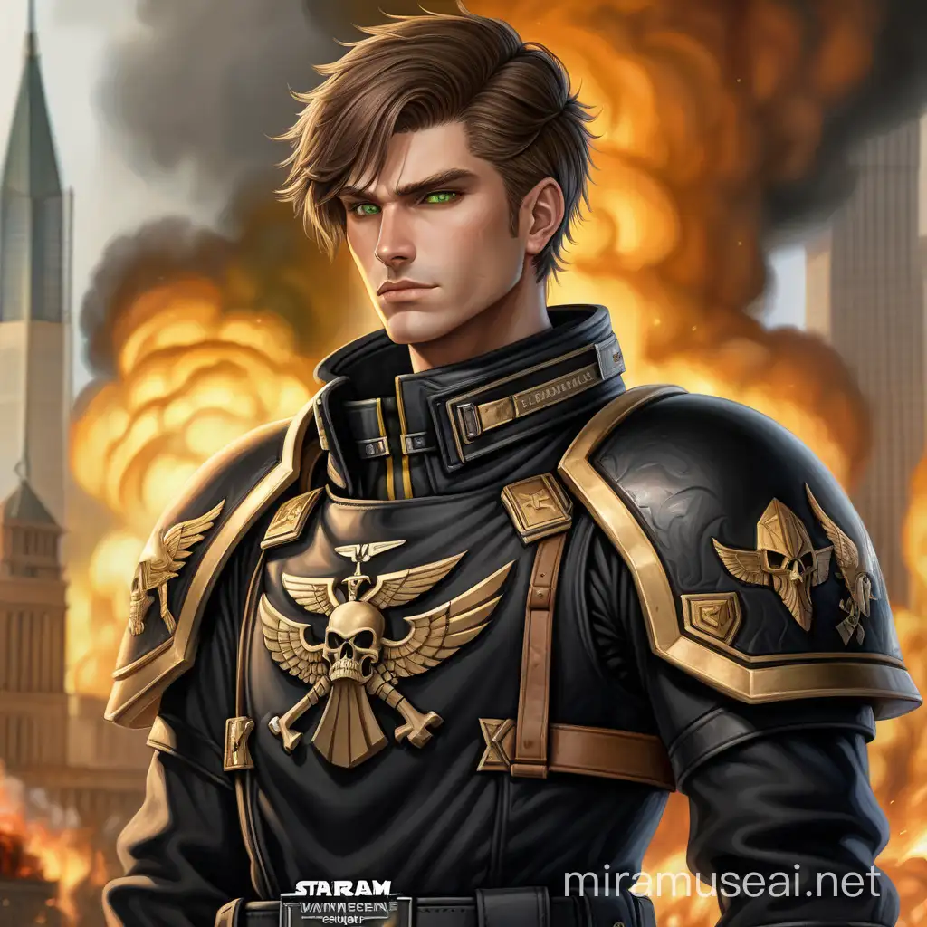 Setting is Warhammer 40K. Scruffy young man. He has short brown hair. Green eyes. He has tan skin. He is wearing a black uniform with a high collar wind gaiter, underneath a black chest plate and black pauldrons. Background scene is a Xeno city on fire. He has a lot of gold Imperium insignias on his uniform. His uniform is black.