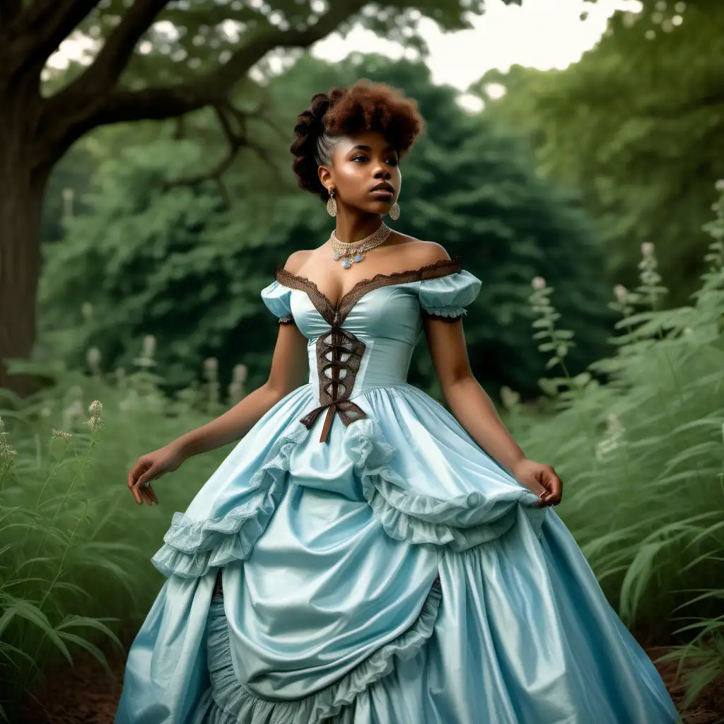 black woman, brown skin, in regal victorian baby blue dress, setting green nature
