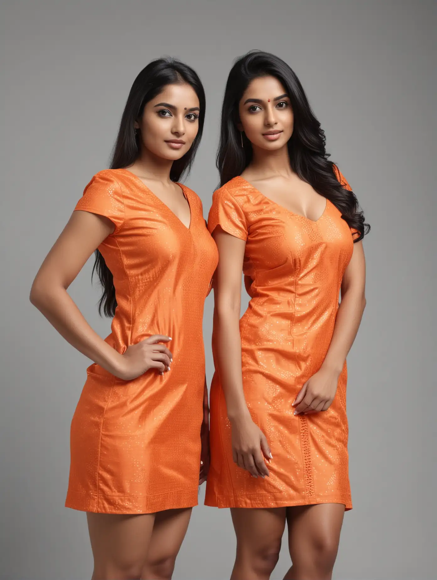 Two Indian Female Models in Vibrant Orange Dresses against Monochrome Background