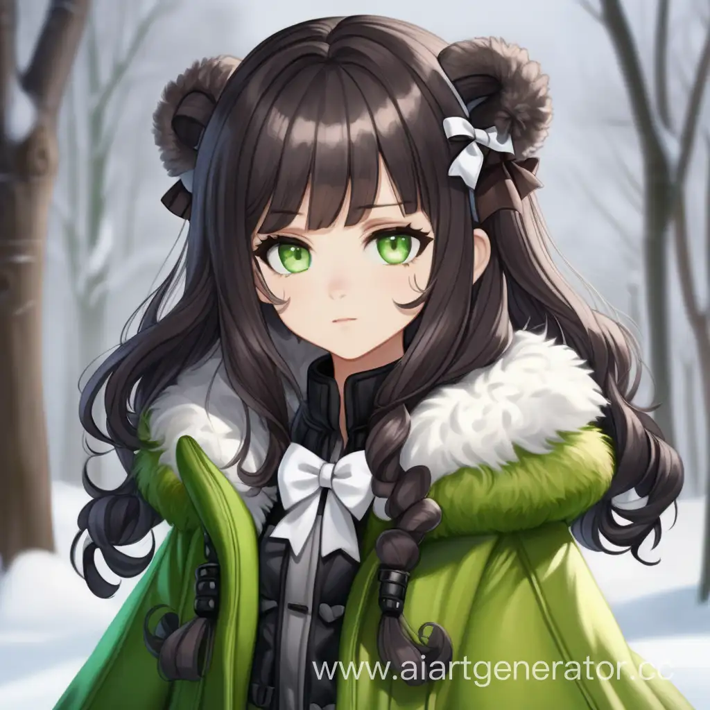 A medical girl with dark chocolate hair, some gray hair, and amber-bright green eyes. Dressed in a fairly warm fur coat, a dark dress, with white bows.