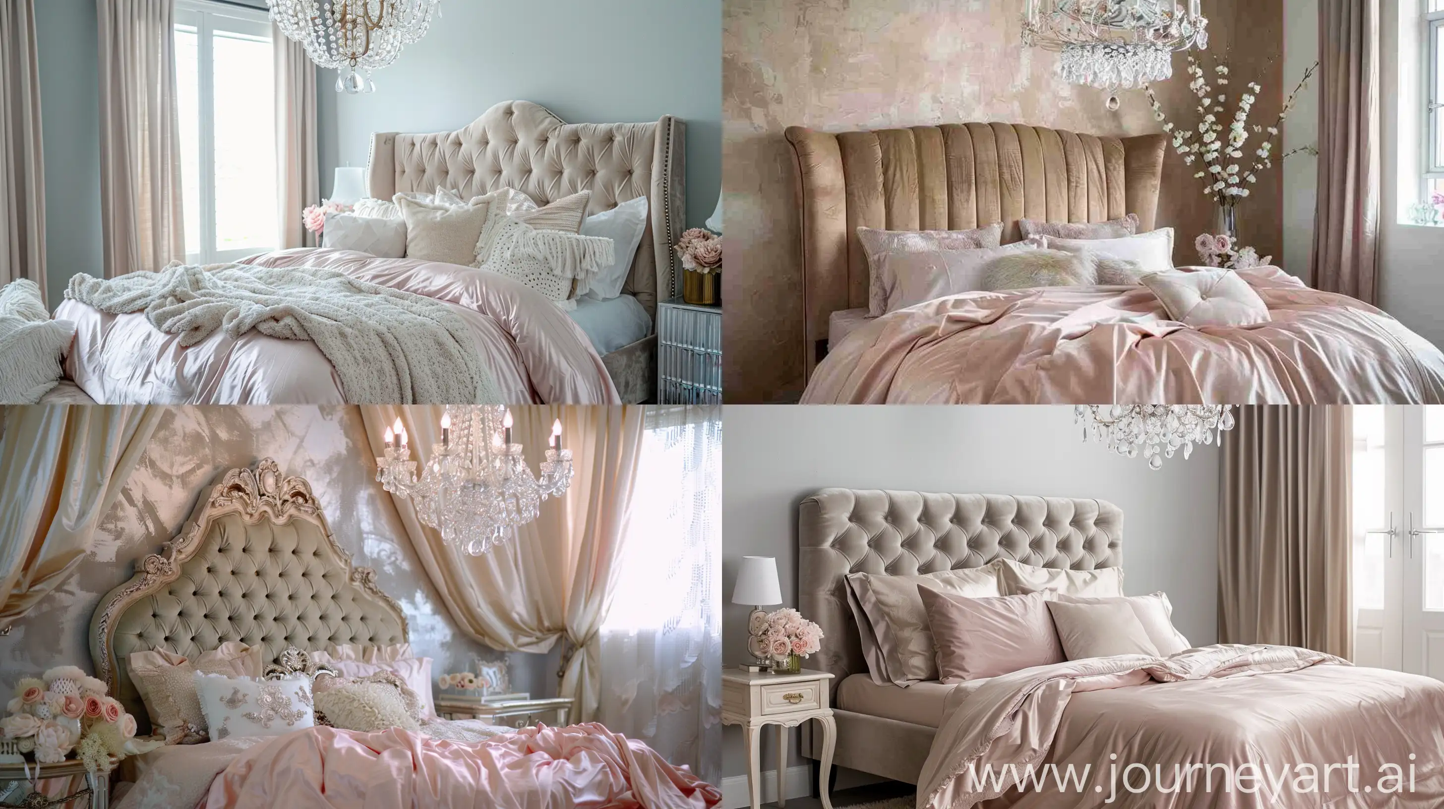 Romantic Elegance: Bedroom with Velvet Upholstered Headboard, Crystal Chandelier, and Soft Pink Silk Bedding. --ar 16:9