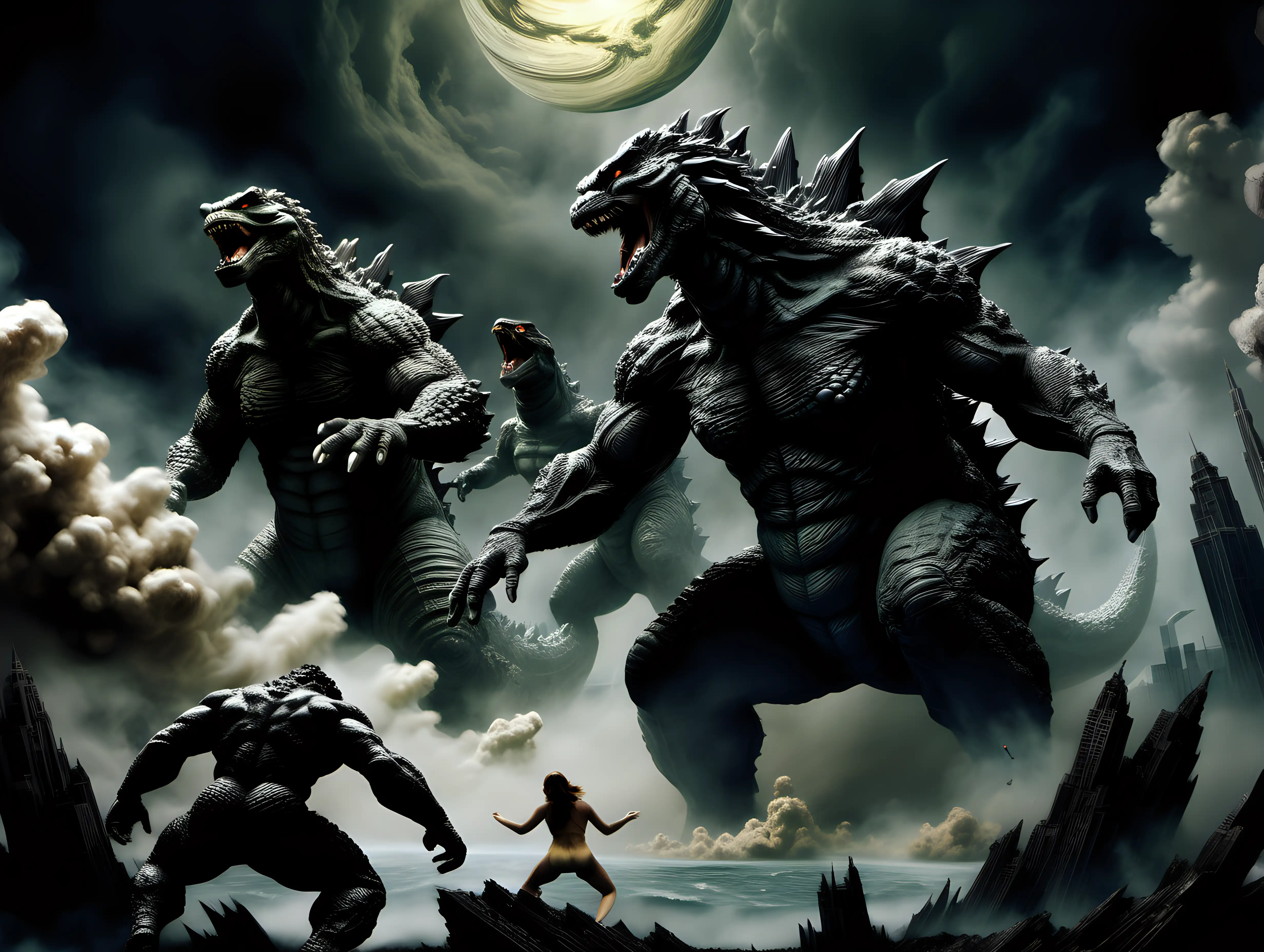 Godzilla Battle Epic Saturn Showdown in Realistic Style